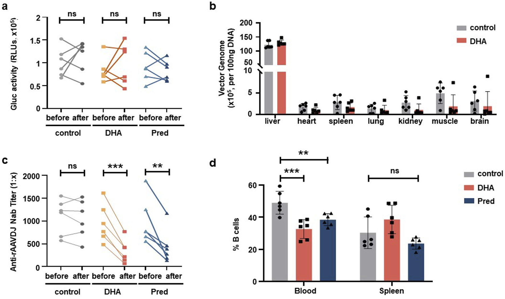 Four-panel figure depicting various data analyses. Panel (a) shows Gluc activity levels across three groups—control, DHA, and Pred—before and after treatment, with no statistically significant differences indicated. Panel (b) displays vector genome levels in different organs, showing significant presence in the liver, with control groups marked higher. Panel (c) presents anti-AAVdJ Nab titers, indicating a statistically significant decrease after treatment in DHA and Pred groups. Panel (d) illustrates the percentage of B cells in blood and spleen, with a significant reduction in the blood for DHA and Pred groups, but not in the spleen.