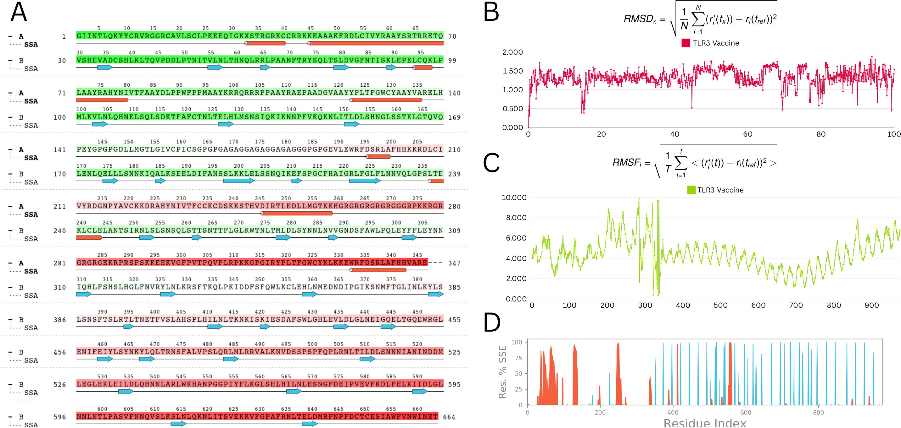 Panel A shows amino acid sequences with structural annotations for proteins A and B in alternating green and red colors, with arrows indicating secondary structures. Panel B displays a graph of RMSD values over 100 units, depicted in red for the TLR3-Vaccine model. Panel C features a graph of RMSF values over 900 units, illustrated in green for the TLR3-Vaccine. Panel D presents a bar graph of residue percentage secondary structure over the residue index, with red and blue bars indicating different structures. Mathematical formulas for RMSD and RMSF are included at the top of panels B and C, respectively.