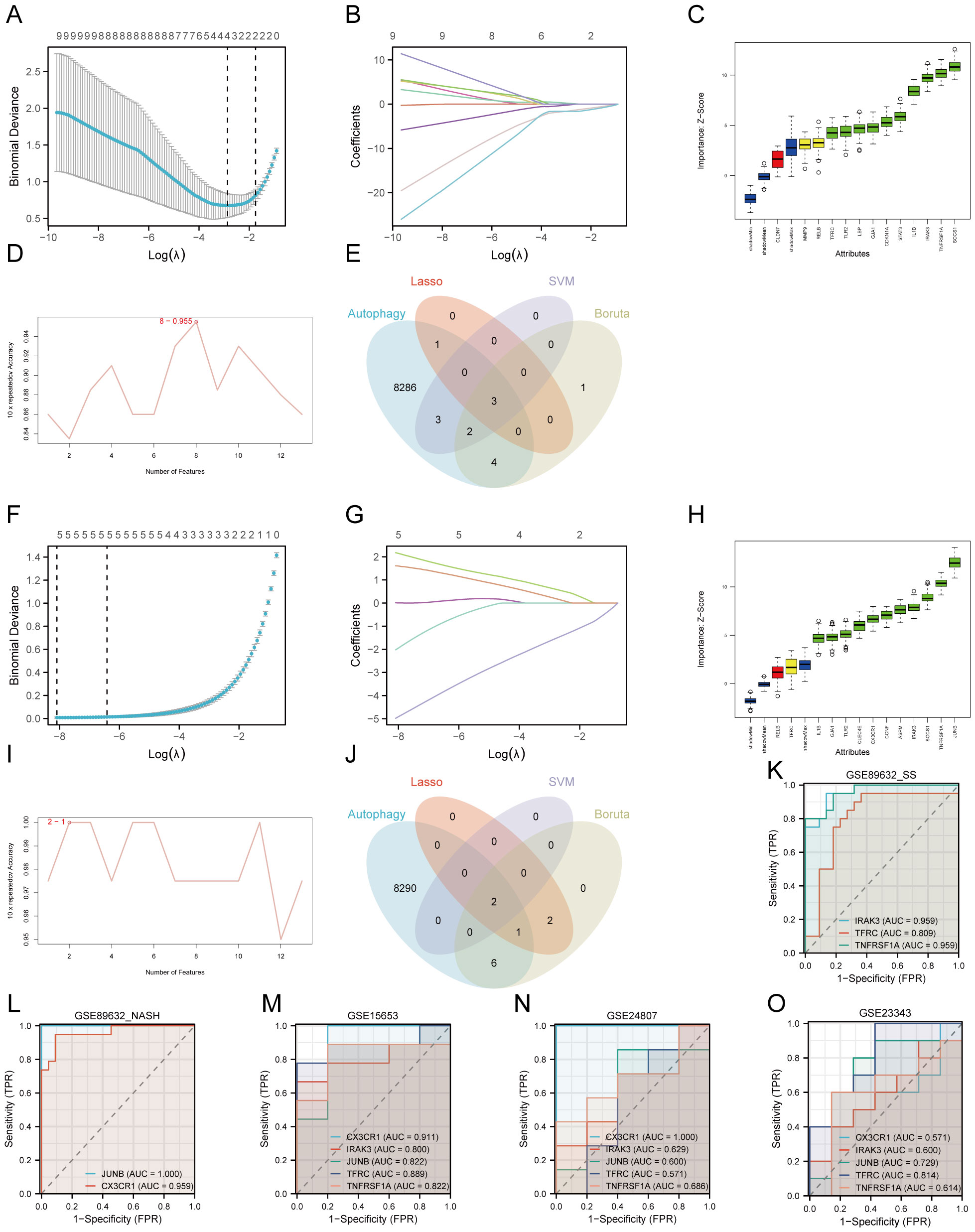 Composite image of multiple data visualizations and analyses. Panel A shows a line plot of binomial deviance versus log lambda with error bars. Panel B displays a line graph of coefficients over log lambda values. Panel C is a boxplot of importance Z-scores for various attributes. Panel D shows a line plot of out-of-bag error rate versus number of features. Panel E is a Venn diagram illustrating overlaps in selected features across methods. Panels F and G repeat Panels A and B with different data. Panel H is a similar boxplot to Panel C. Panel I repeats Panel D. Panel J mirrors Panel E with different overlaps. Panels K to O are ROC curves comparing sensitivity and specificity across different studies.
