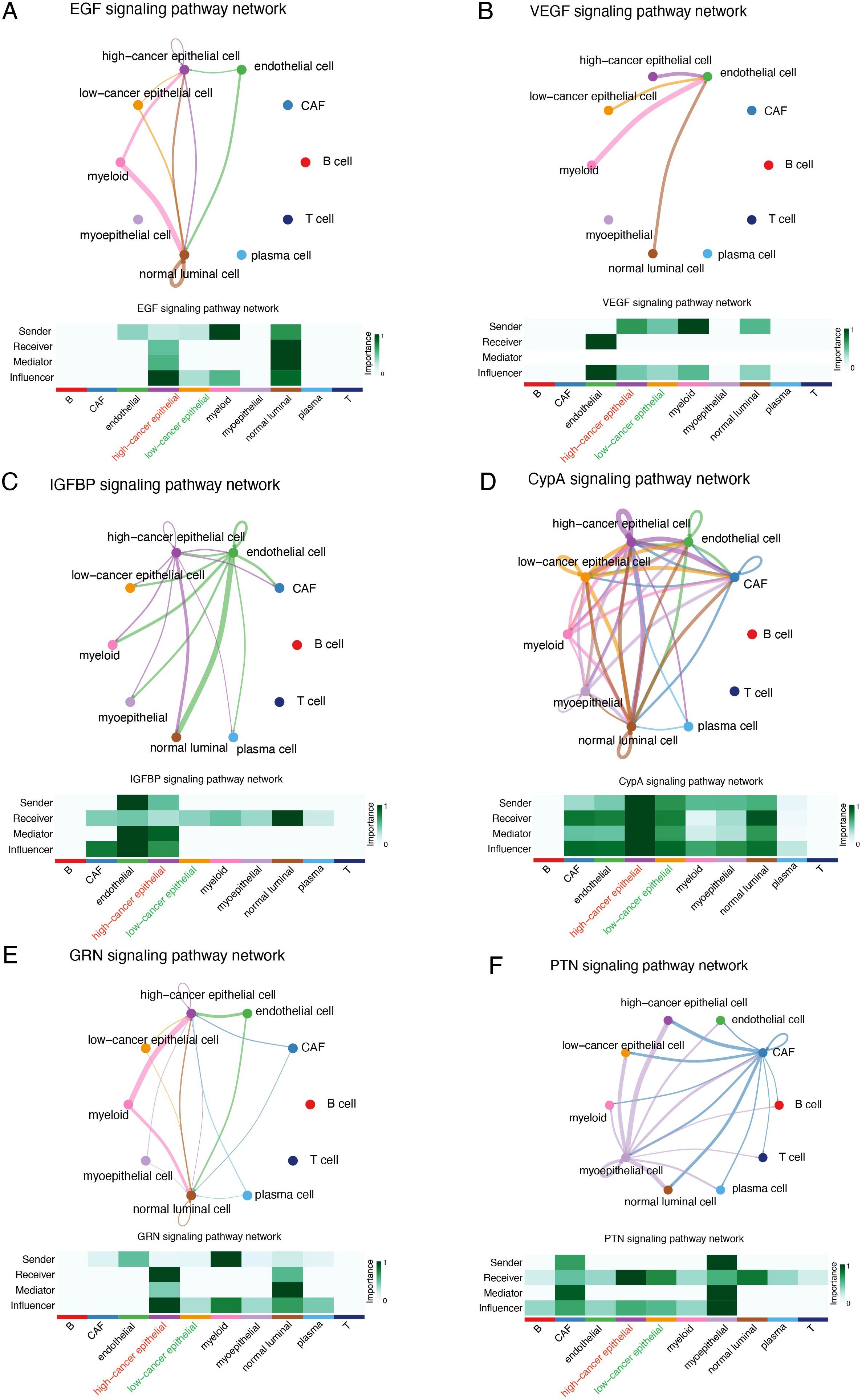 Diagram showing six different signaling pathway networks (A-F) with connections between various cell types: high-cancer epithelial, low-cancer epithelial, myoepithelial, normal luminal, endothelial, CAF, myeloid, B cell, T cell, and plasma cell. Each network has a heatmap below indicating the importance of connections categorized as sender, receiver, mediator, or influencer. Lines are color-coded according to interactions, and the strength of the connections is visually represented in the heatmap.
