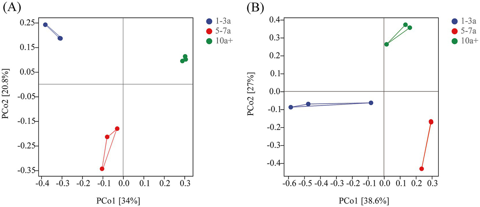 Graphs A (bacterial) and B (fungal) show principal coordinate analysis plots. Points represent groups1-3a (blue), 5-7a (red), and 10+ (green). Graph A has PCo1 at hirty-four percent and PCo2 at twenty point eight percent. Graph B shows PCo1 at thirty-eight point six percent and PCo2 at twenty-seven percent. Points are connected within groups.