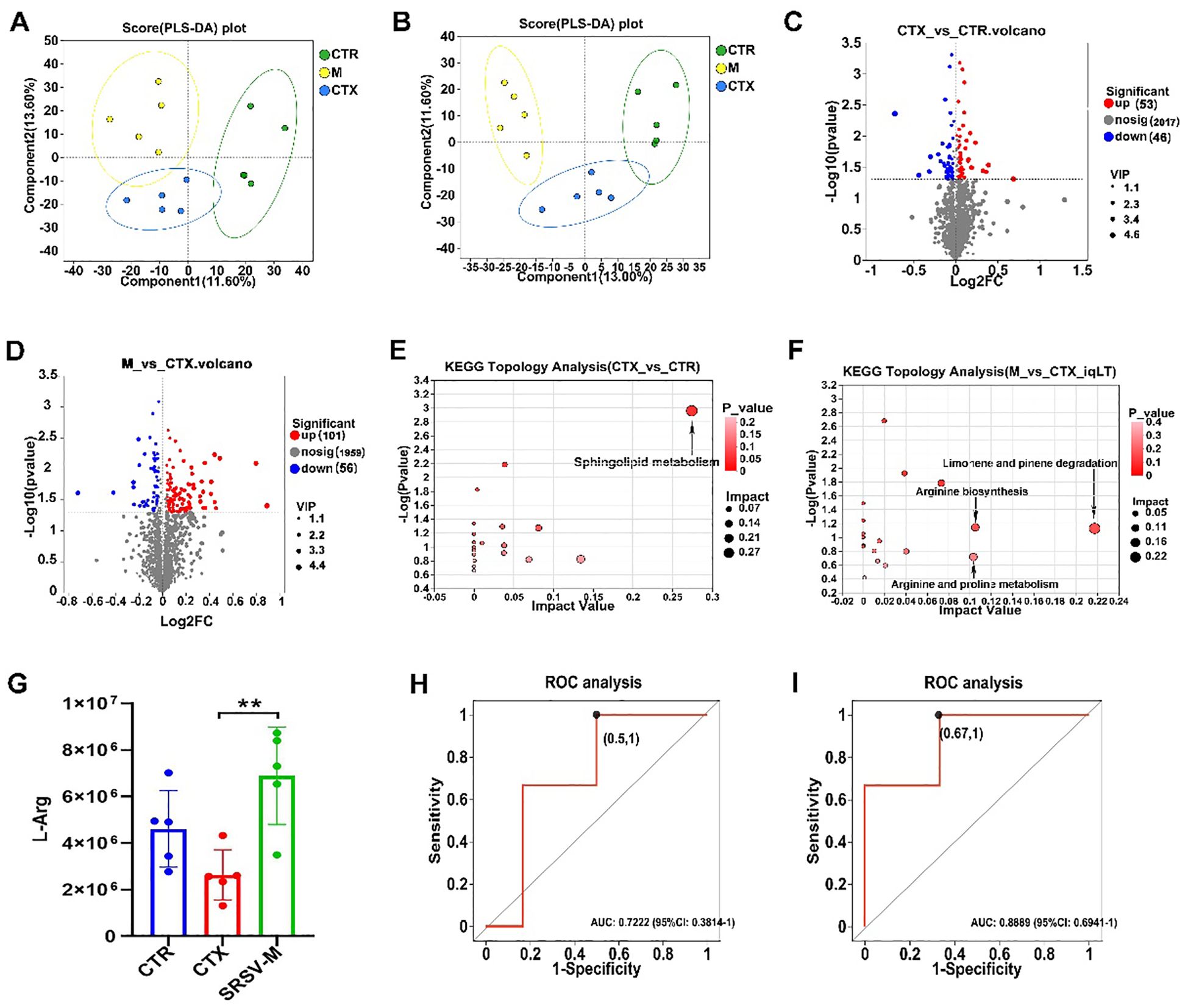 A series of scientific charts and plots: A. PLS-DA score plot showing component differentiation for CTR, M, and CTX groups. B. Another PLS-DA score plot with different component percentages. C. Volcano plot for CTX vs. CTR, indicating significant gene expression changes with red and blue highlighting. D. Volcano plot for M vs. CTX, showing significant up and down-regulated features. E. KEGG topology analysis for CTX vs. CTR, highlighting sphingolipid metabolism. F. KEGG topology analysis for M vs. CTX, showcasing pathways like arginine biosynthesis. G. Bar graph displaying L-Ayg levels across CTR, CTX, and SRSV-MI. H and I. ROC analysis plots with AUC values of 0.7222 and 0.8899, respectively.