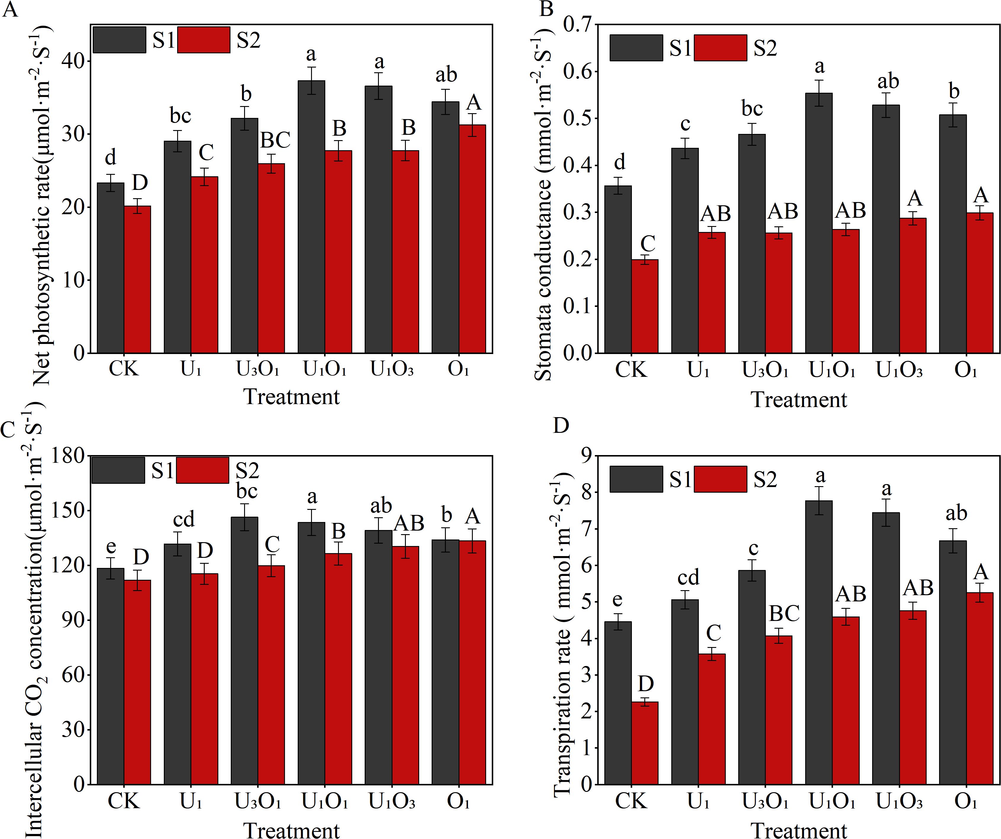 Bar graphs A, B, C, and D display the effects of treatments CK, U₁, U₃O₁, U₁O₁, U₁O₃, and O₁ on four parameters: net photosynthetic rate, stomatal conductance, intercellular CO₂ concentration, and transpiration rate, respectively. Each graph compares two groups, S1 (black) and S2 (red), with error bars indicating variability. Statistical significance is denoted by different letters above bars.