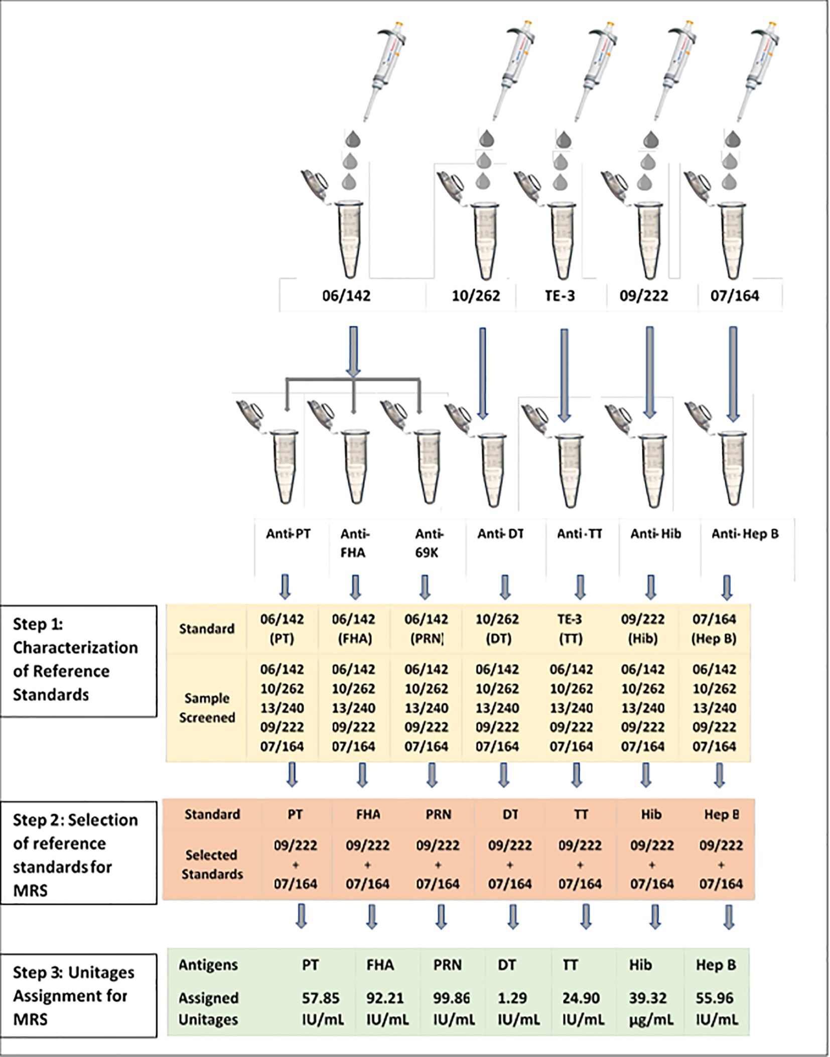 Flowchart showing the steps for characterization and selection of reference standards for MRS. Step 1: Characterization involves solutes being tested across antigens: PT, FHA, PRN, DT, TT, Hib, Hep B. Step 2: Selection indicates two standards chosen for all antigens. Step 3: Unitages assignment lists values for each antigen: PT (57.85 IU/mL), FHA (92.21 IU/mL), PRN (99.86 IU/mL), DT (1.29 IU/mL), TT (24.90 IU/mL), Hib (39.32 µg/mL), Hep B (55.96 IU/mL).