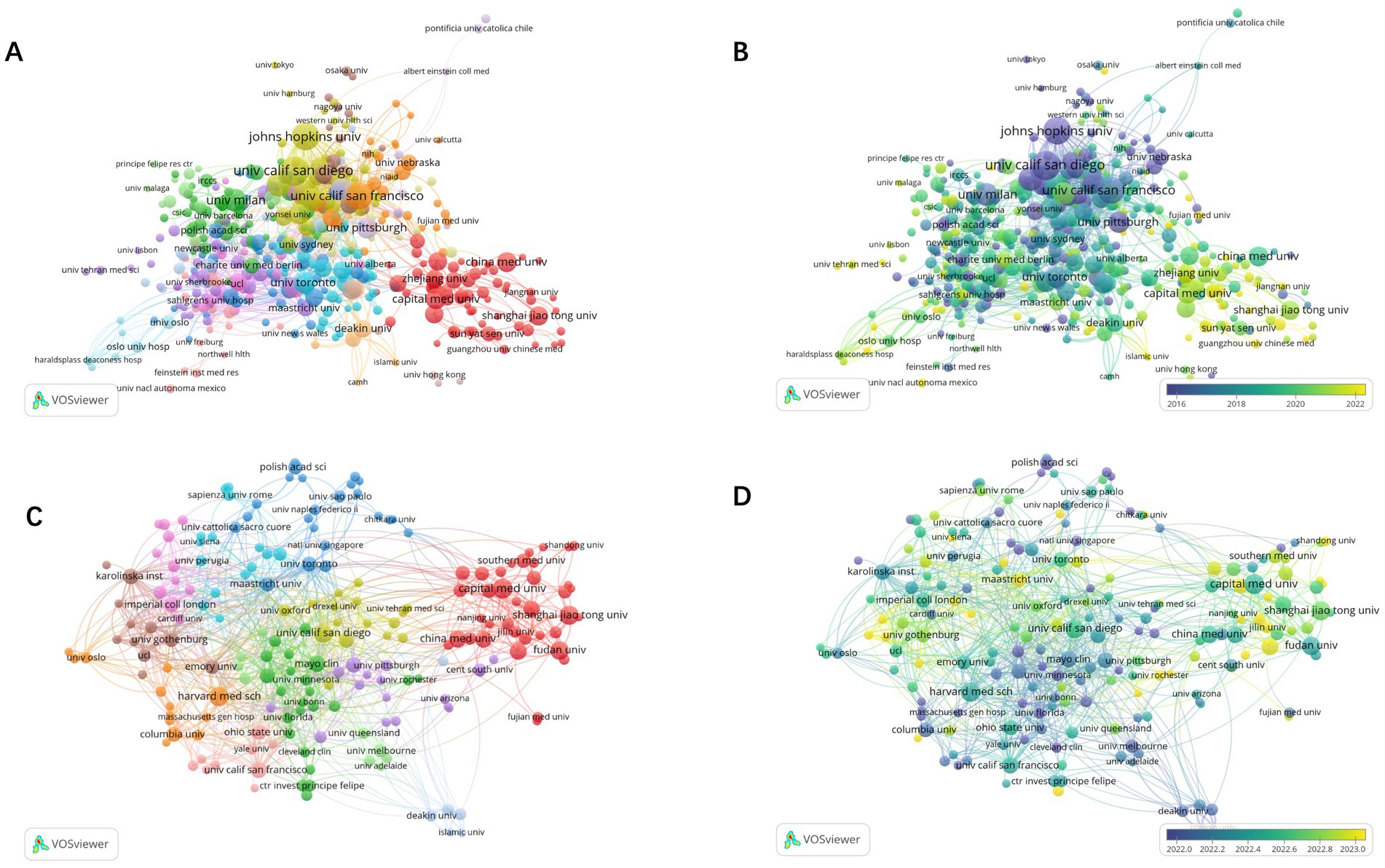 VOSviewer visualizations showing co-authorship networks among academic institutions involved in cognitive impairment and immune research. Panel A displays a network map (1985–2024) where nodes represent institutions and lines indicate co-authorship links; larger nodes reflect greater publication volume and stronger collaboration. Panel B is an overlay map (1985–2024) with node colors indicating average publication year. Panel C presents a network map (2021–2024), highlighting recent institutional collaborations. Panel D shows an overlay map (2021–2024), where lighter-colored nodes indicate more recent contributions, particularly among Chinese institutions. The visualizations illustrate the evolution and geographic distribution of institutional collaboration over time.