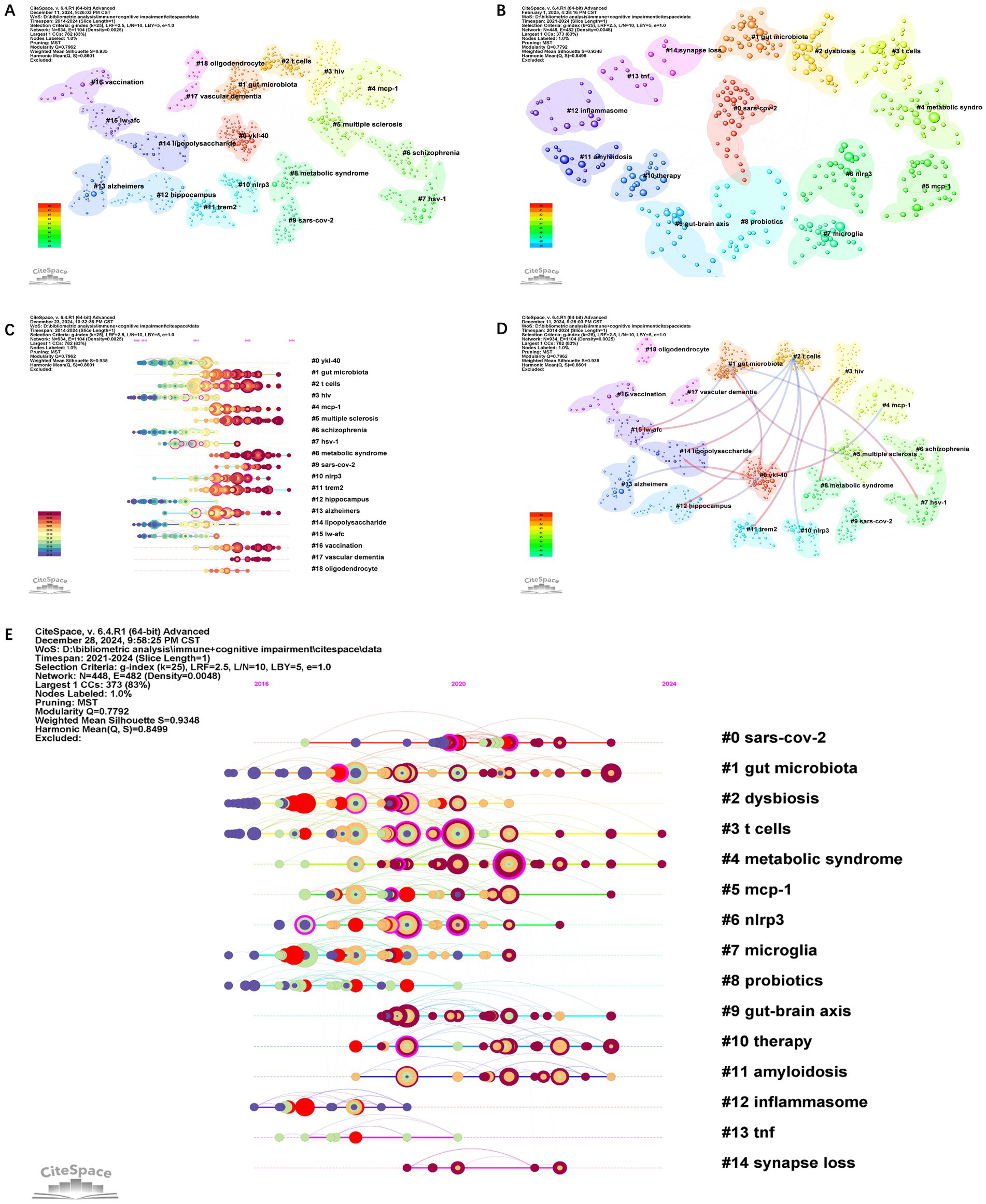 A series of network visualizations labeled A to E, created using CiteSpace, illustrating various clusters and connections related to topics like