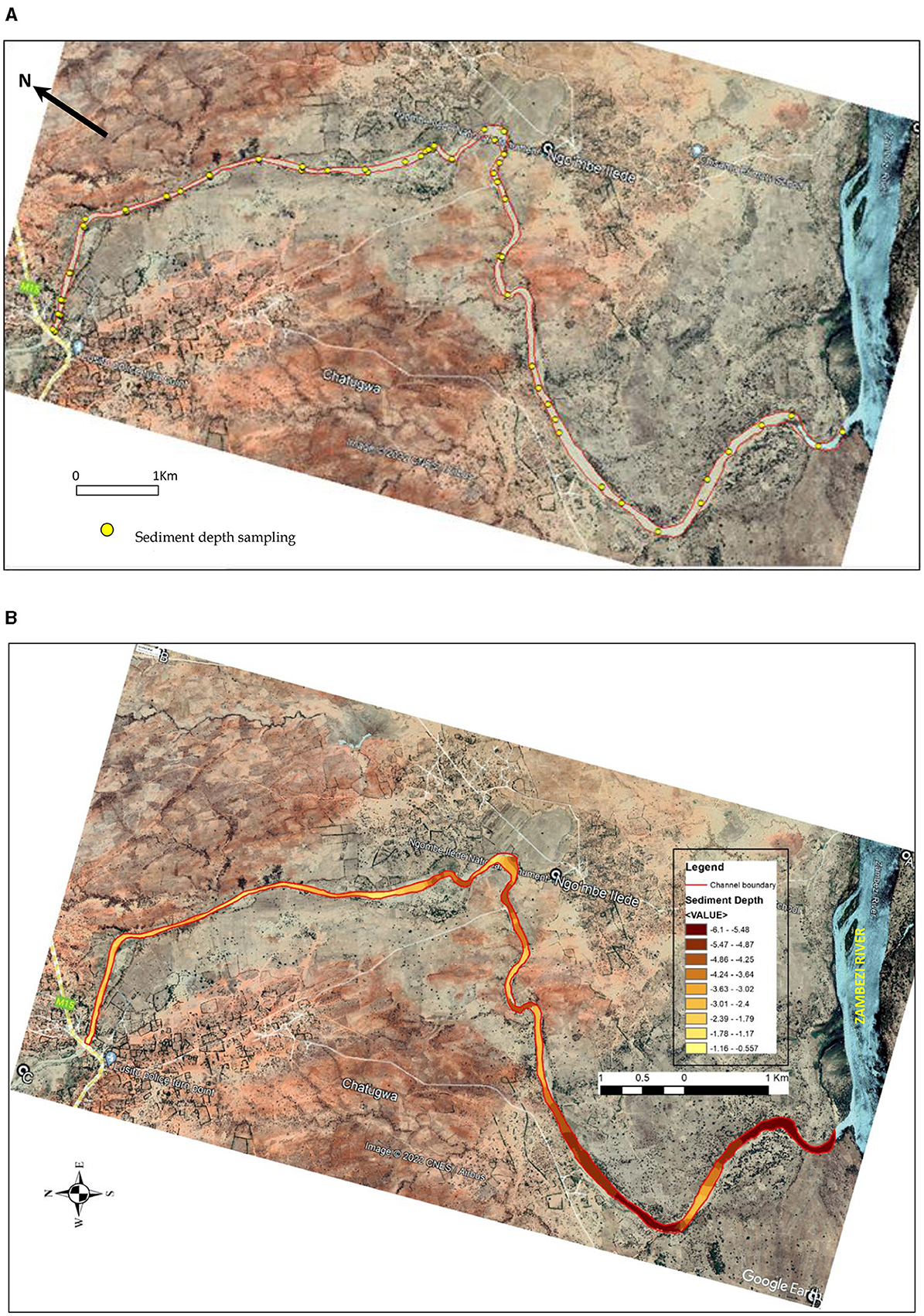 Panel A shows a satellite map with a marked path and yellow dots indicating sediment depth sampling locations along a river. Panel B depicts the same area with a color gradient representing sediment depth, ranging from dark brown to yellow, with a legend indicating depth values. Both images have a scale bar and a north arrow for orientation.