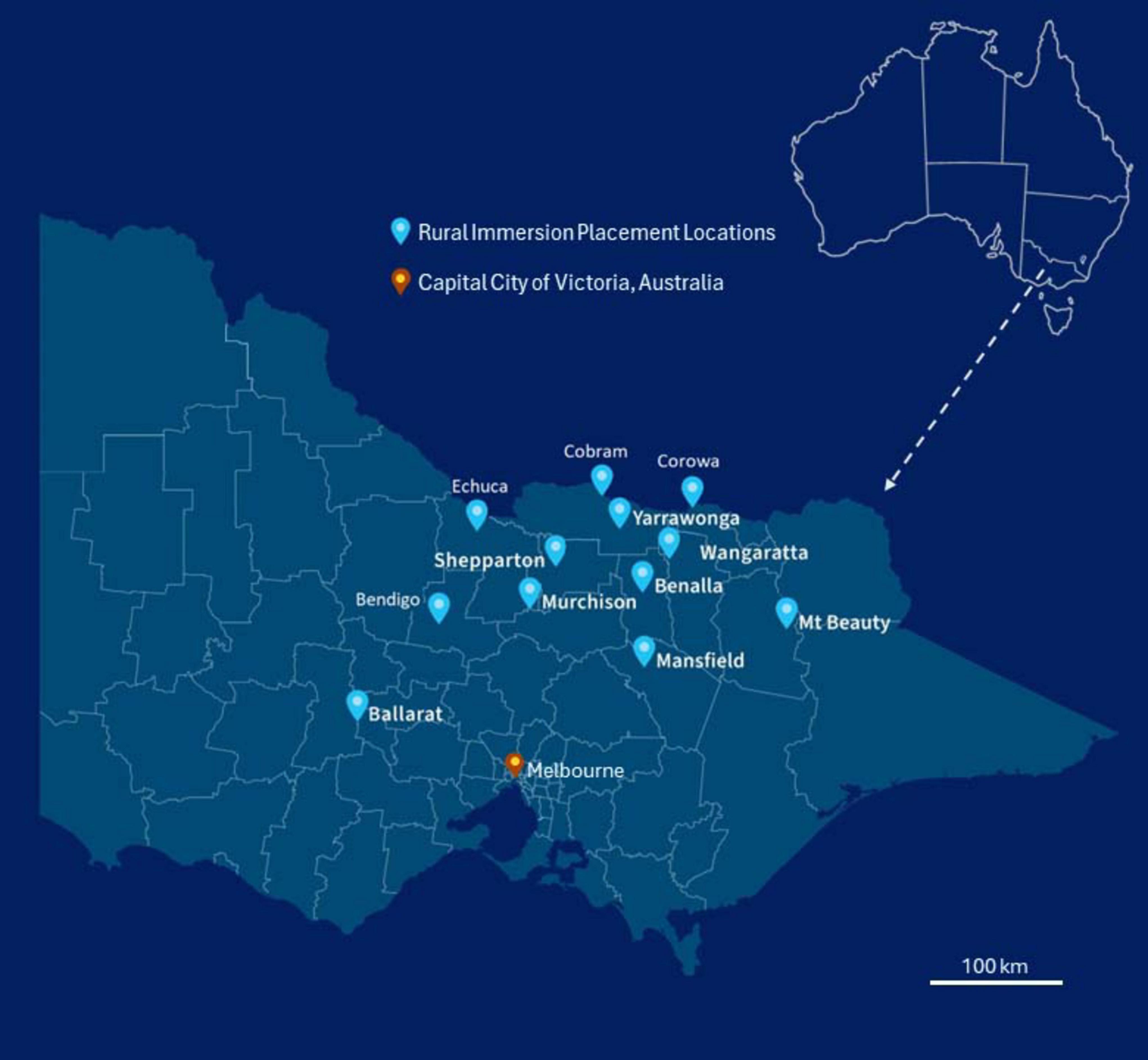 Map of Victoria, Australia, showing rural immersion placement locations marked with blue pins, including Bendigo, Shepparton, and Ballarat. Melbourne, the capital, is marked with an orange pin. An inset map shows Victoria’s location within Australia.