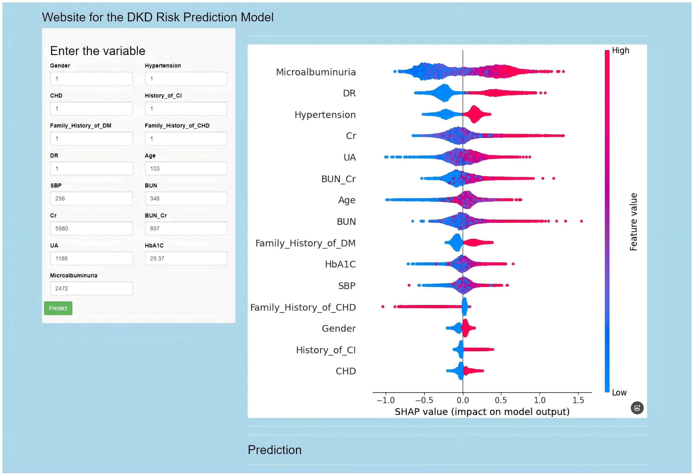 Website interface for DKD Risk Prediction Model showing input fields for variables like gender, age, and medical history. A SHAP plot on the right displays the impact of features like microalbuminuria, hypertension, and family history on model output, with red indicating high feature values and blue indicating low values. A horizontal axis shows SHAP values from negative to positive, representing the feature impact.