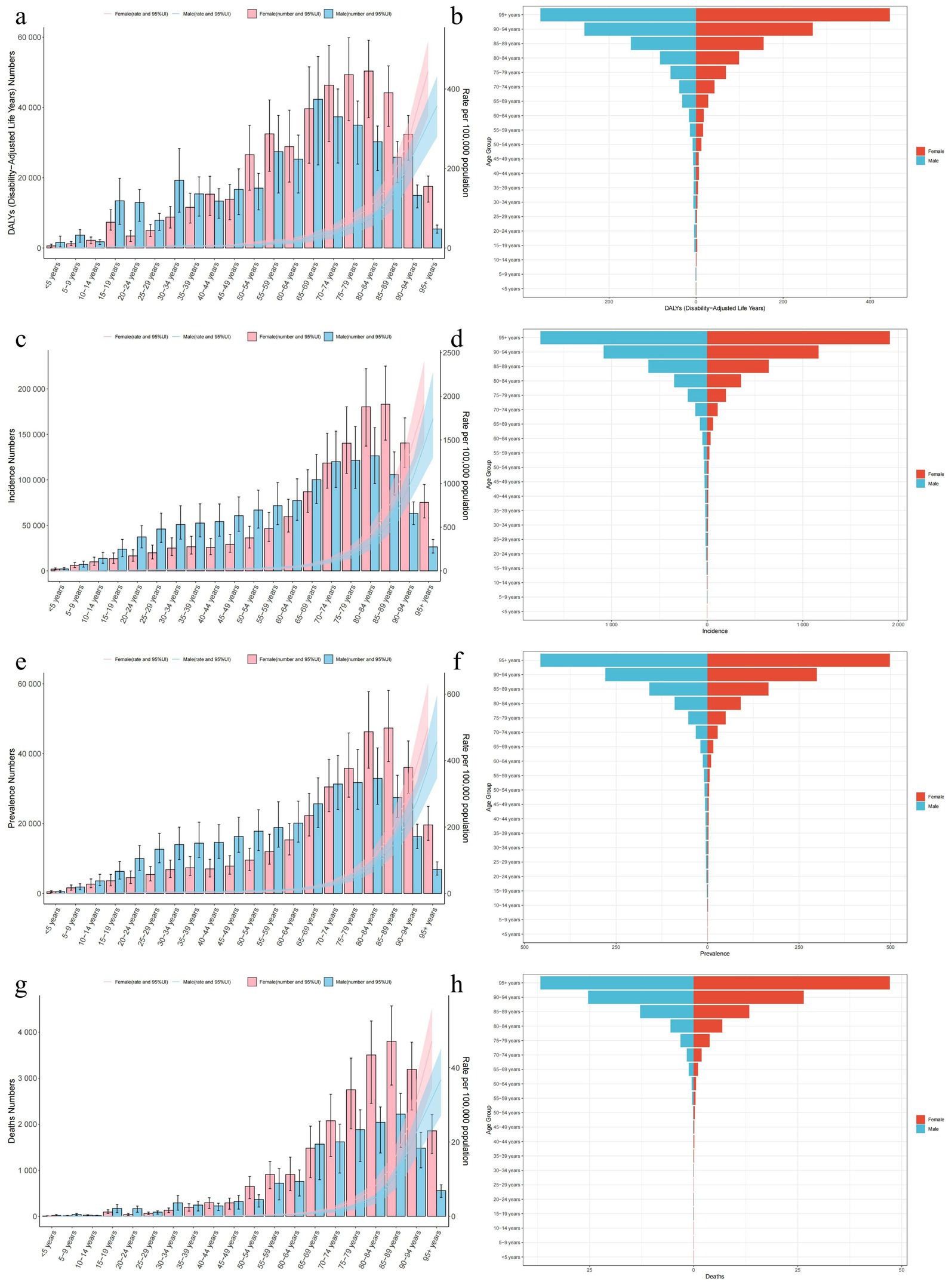 Bar and line charts demonstrate disability-adjusted life years, incidence, prevalence, and deaths across different age groups for females and males from April 2020 to April 2030. Each of the four sections (a-h) compares trends between genders, with separate visuals for numbers and population rates. Panel a and b focus on DALYs. Panel c and d highlight incidence. Panel e and f show prevalence. Panel g and h illustrate deaths. Error bars represent variability in the data. Charts are color-coded to differentiate between the genders.