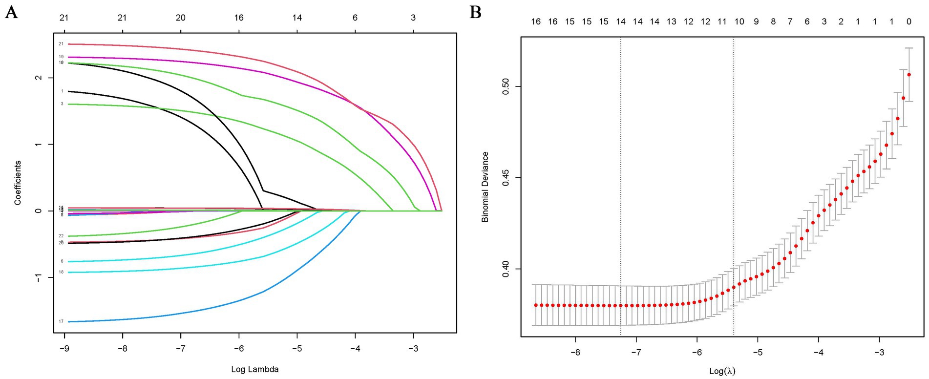 Graph A displays a coefficient path plot with coefficients on the y-axis and log lambda on the x-axis, showing the effect of shrinking lambda values on coefficients. Graph B shows a binomial deviance plot with a red line and error bars, demonstrating deviance against log lambda. Both graphs highlight model selection aspects in a regularization context.