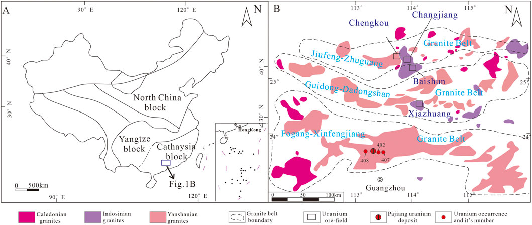 Map showing geological divisions and granite formations in parts of China. Panel A outlines the North China, Yangtze, and Cathaysia blocks. Panel B details granite belts, uranium deposits, and ore fields around Guangzhou. Caledonian, Indosinian, and Yanshanian granites are marked in different colors. Insets indicate specific sites such as Chengkou and Xiazhuang. A legend explains symbols for granite belt boundaries, uranium deposits, and occurrences.