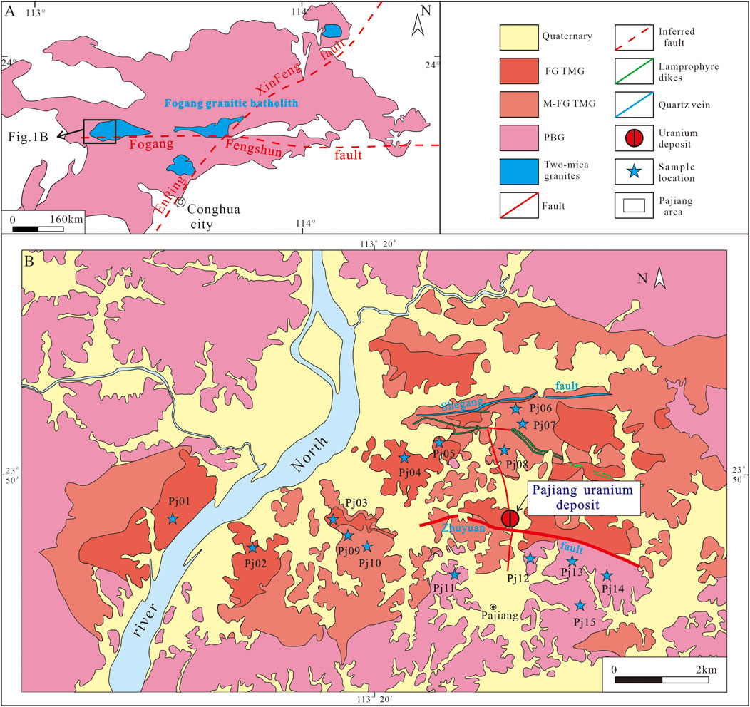 Map showing the Pajang area with geological features. Section A highlights the Fogang granitic batholith, faults, and nearby cities. Section B zooms into Pajang, showing sample locations marked by stars, uranium deposits, faults, and geological formations using a color-coded legend.