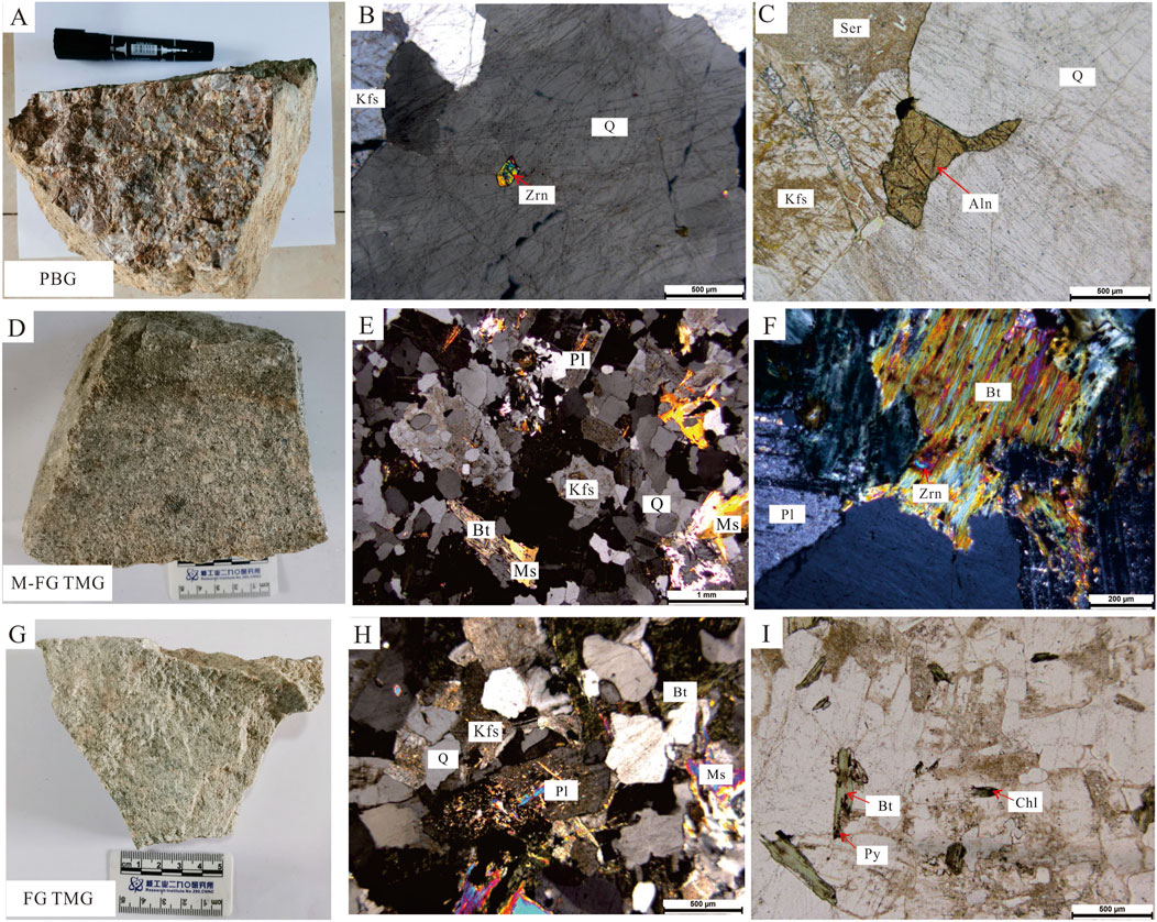 A series of images showing rock samples and their microscopic analysis. Image (A) shows a rock labeled PBG with a scale for reference. (B) displays a microscopic view of minerals labeled Zrn and Q with a scale. (C) highlights minerals Ser, Kfs, Q, and Aln under a microscope. (D) presents another rock labeled M-FG TMG with a ruler. (E) shows a microscopic analysis of minerals Pl, Kfs, Bt, Ms, and Q. (F) focuses on minerals Bt, Zrn, and Pl under magnification. (G) is a rock piece labeled FG TMG with a scale. (H) shows minerals Kfs, Pl, and Ms under the microscope. (I) provides a detailed view of minerals Bt, Chl, and Py.