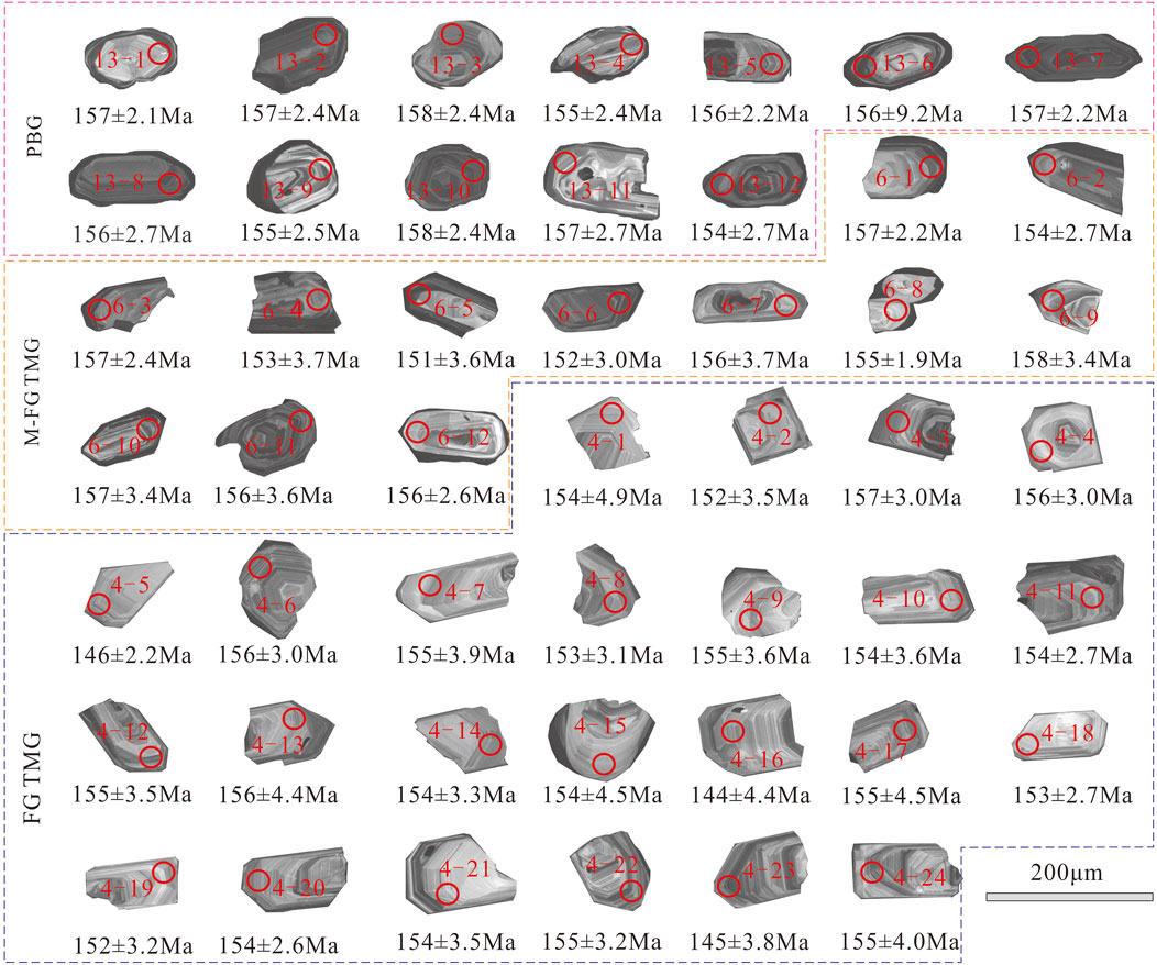 A grid of magnified zircon crystal images, grouped into three categories labeled from top to bottom: