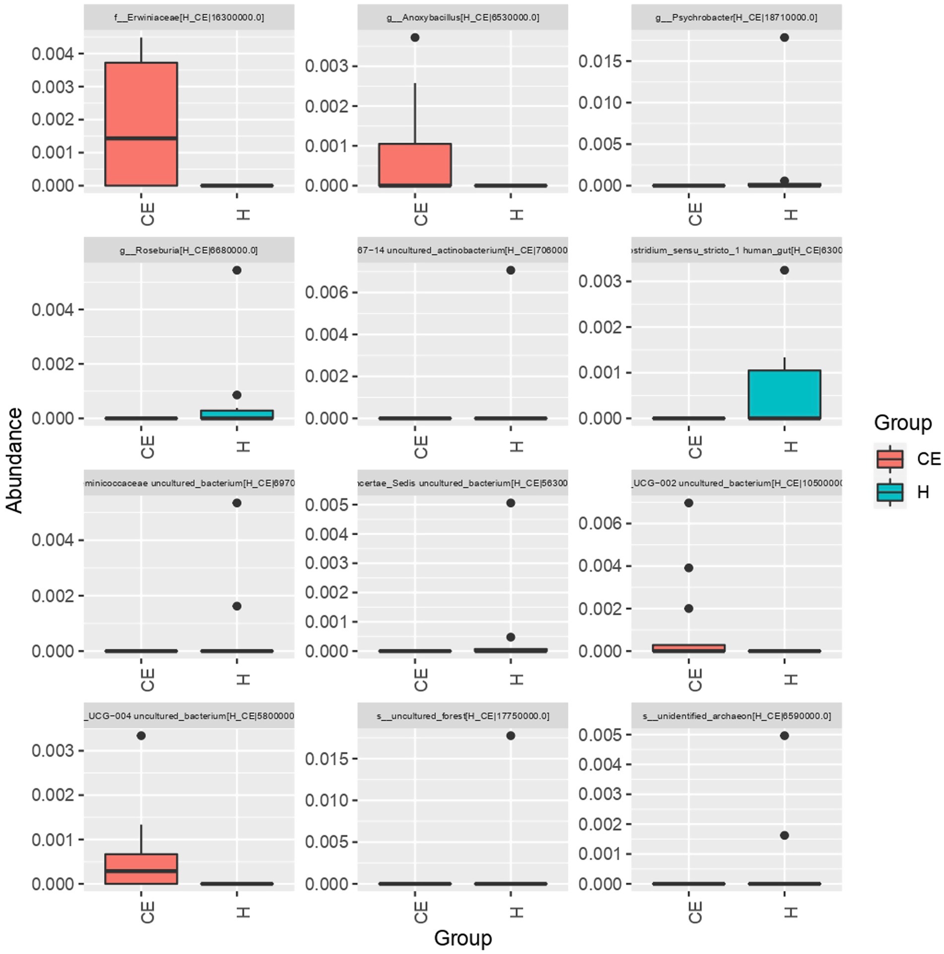 Box plots quantifying relative abundance of bacterial families in CE (red) and H (blue) cohorts. Data display distribution range, median, interquartile range, and outliers, highlighting differential microbial family-level composition.