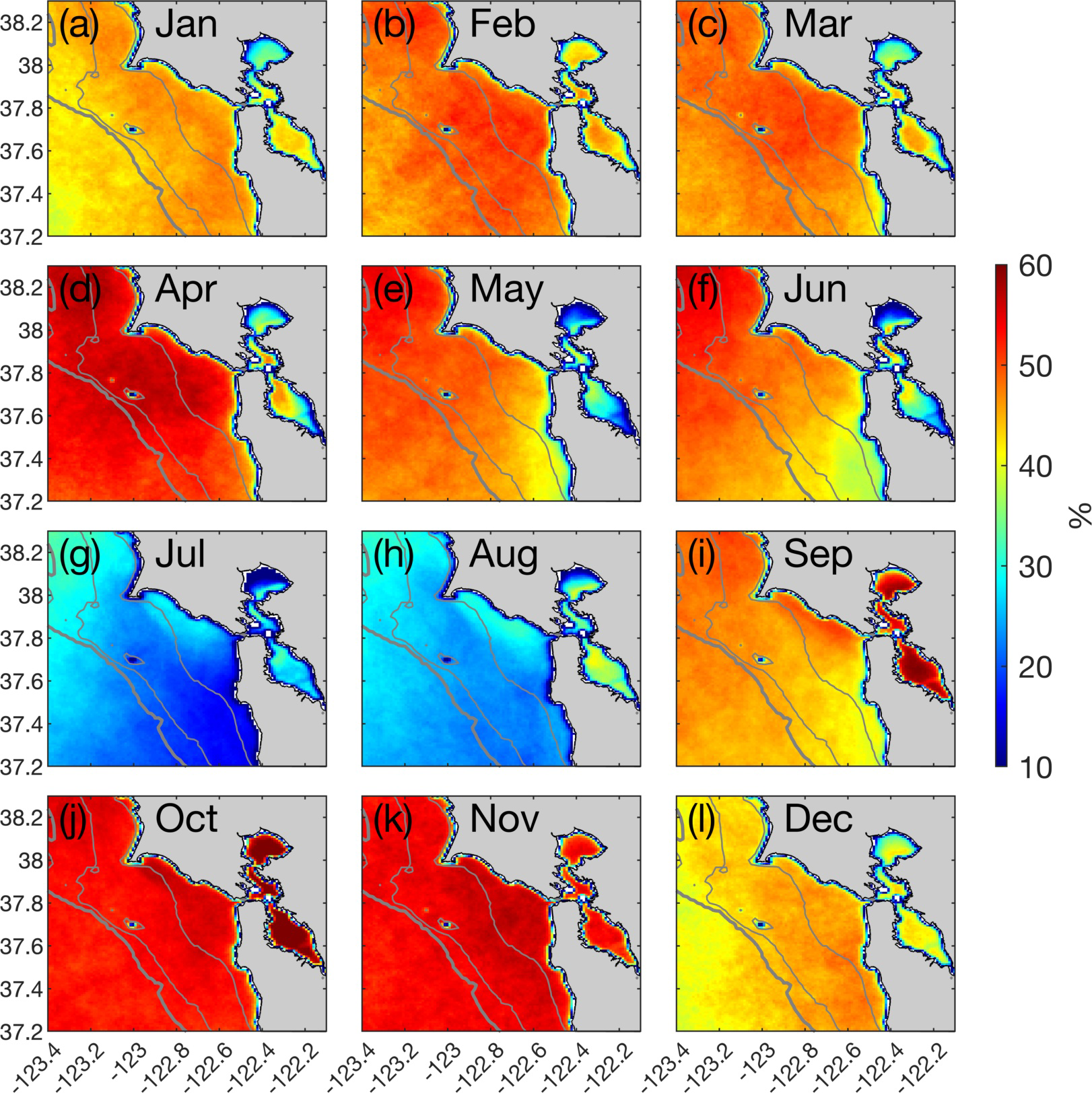 Monthly maps showing geographic data variations from January to December, with a color scale from blue to red, representing percentages from 10 to 60%. The maps illustrate changes across a defined region, with latitudinal and longitudinal labels.