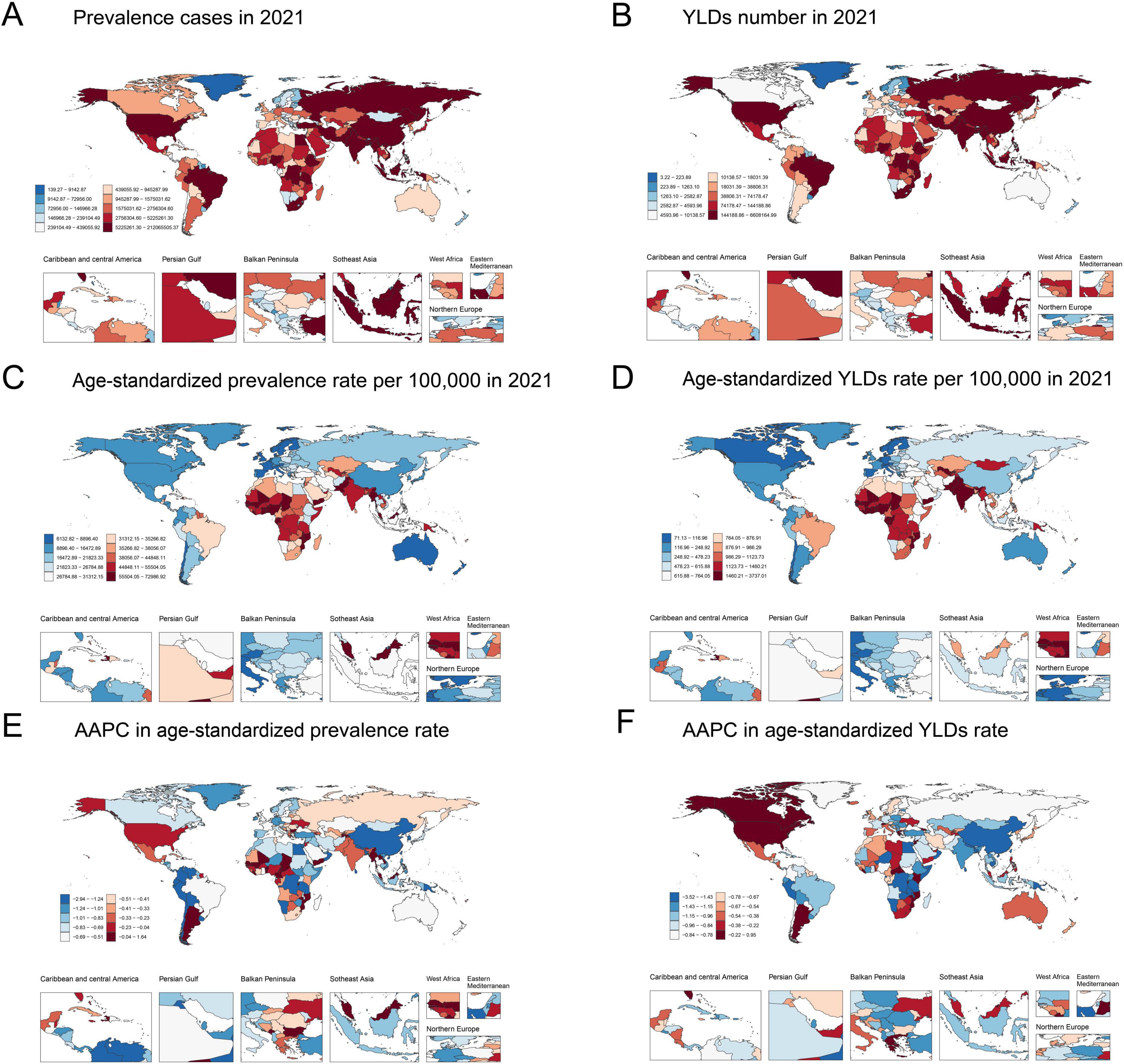 World maps depicting six panels related to global health metrics in 2021 and trends from 1990 to 2021. Panels A and B show prevalence cases and YLDs (Years Lived with Disability) numbers, respectively. Panels C and D present age-standardized rates per 100,000 for prevalence and YLDs. Panels E and F display AAPC (Average Annual Percent Change) in age-standardized rates per 100,000 for prevalence and YLDs. Color gradients indicate varying levels of data across regions, and insets provide detailed views of specific areas like the Caribbean and Northern Europe.