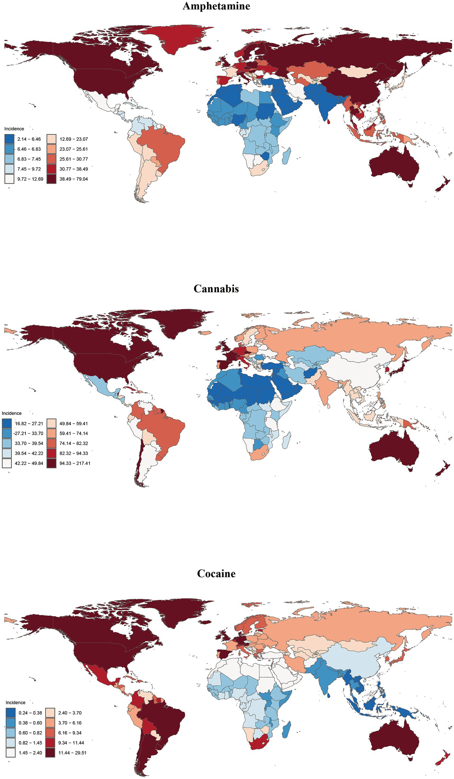 Three world maps show the incidence of amphetamine, cannabis, and cocaine use. Darker red areas indicate higher incidence rates, while blue shades indicate lower rates. Amphetamine use is highest in North America, Northern Europe, and Oceania. Cannabis use is very high in North America and parts of South America. Cocaine use is most prevalent in North America and parts of Europe. The maps use color gradients to depict varying incidence levels, detailed in accompanying legends.
