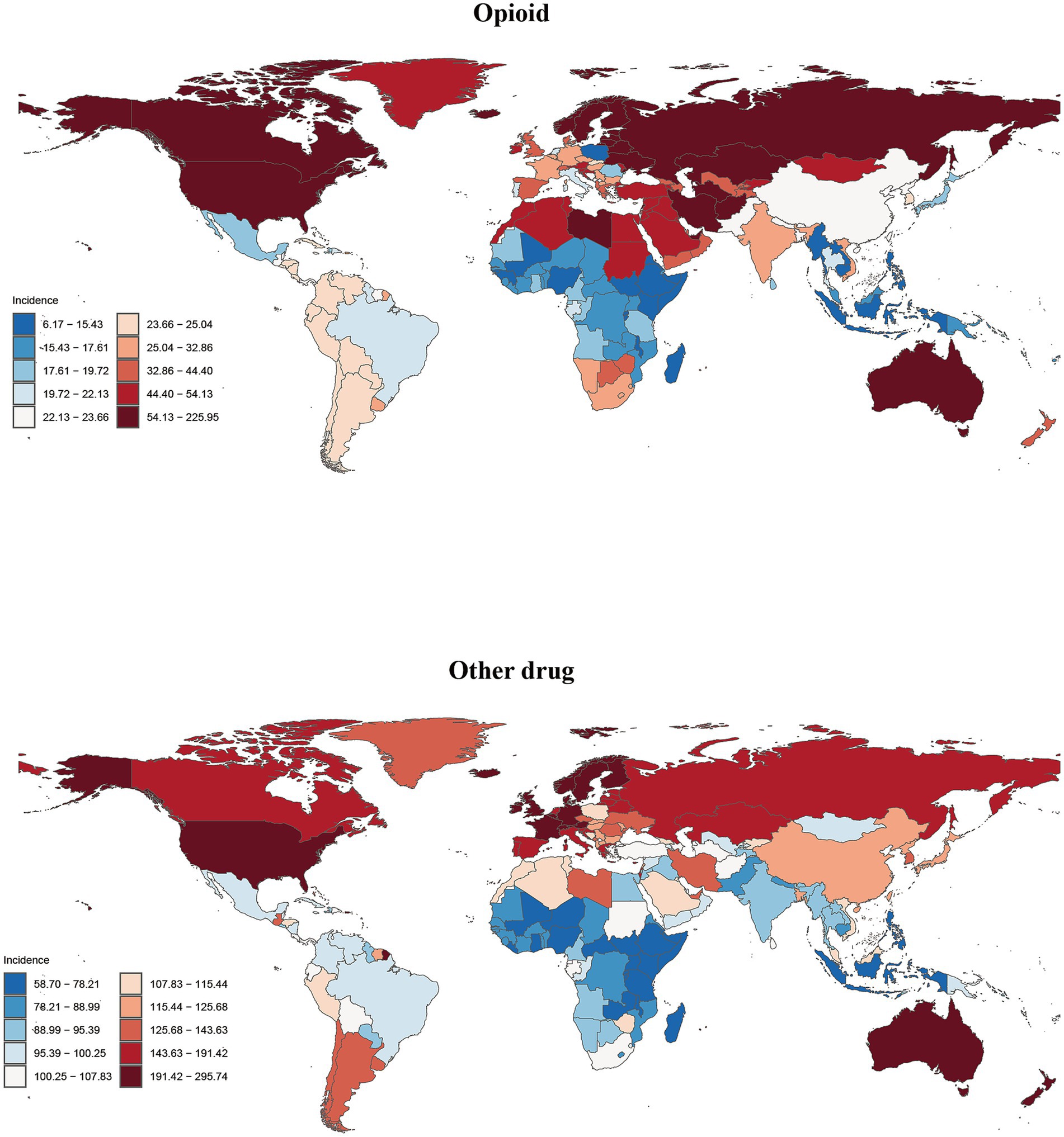 World maps showing opioid and other drug incidence by region. The opioid map uses colors from light blue to dark red, indicating low to high incidence, while the other drug map uses a similar color scheme. Highest incidences are in North America and parts of Eastern Europe. The legend provides incidence ranges for both maps.