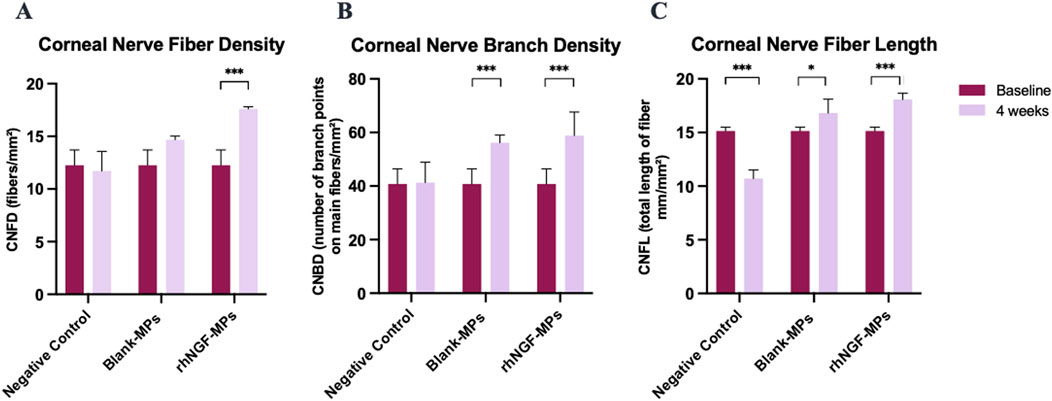 Bar graphs A, B, and C compare corneal nerve fiber density, branch density, and fiber length, respectively, between Baseline and four weeks. Each graph shows values for Negative Control, Blank-MPs, and rhNGF-MPs groups, with rhNGF-MPs displaying significant differences at both time points.