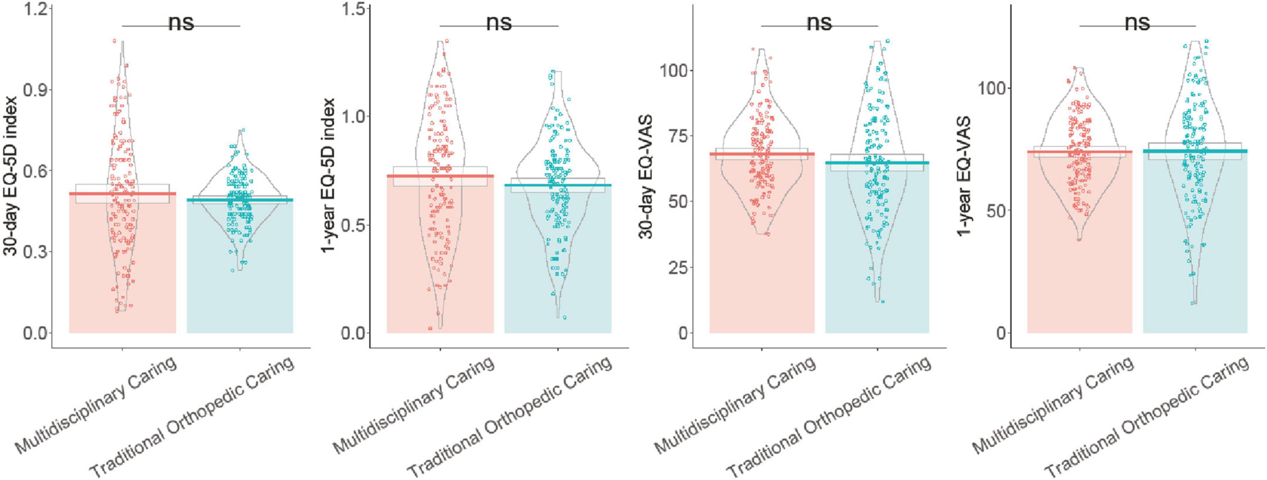 Four violin plots compare multidisciplinary caring and traditional orthopedic caring. The plots show 30-day and 1-year EQ-5D Index and EQ-VAS scores. “ns” indicates no significant differences between the groups in all plots.