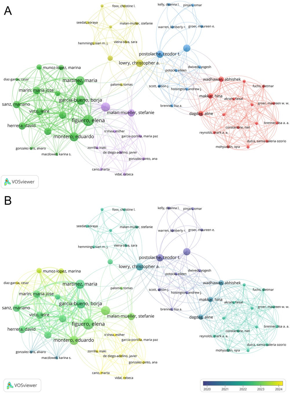 Network analysis diagrams labeled A and B, displaying interconnected nodes representing authorship collaborations. Different colors indicate clusters of authors frequently cited together. In diagram A, visible clusters are green, yellow, purple, blue, and red. In diagram B, the red cluster is replaced with a teal one. A color gradient from blue to green in the legend represents the timeline from 2020 to 2024.