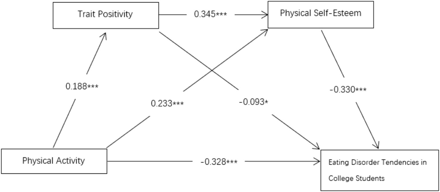 Flowchart showing relationships between variables: Physical Activity influences Trait Positivity and Physical Self-Esteem, with paths labeled 0.188, 0.233, -0.093, and -0.328. Trait Positivity impacts Physical Self-Esteem (0.345). Both Physical Self-Esteem and Trait Positivity affect Eating Disorder Tendencies in College Students, with paths of -0.330 and a direct negative effect from Physical Activity.