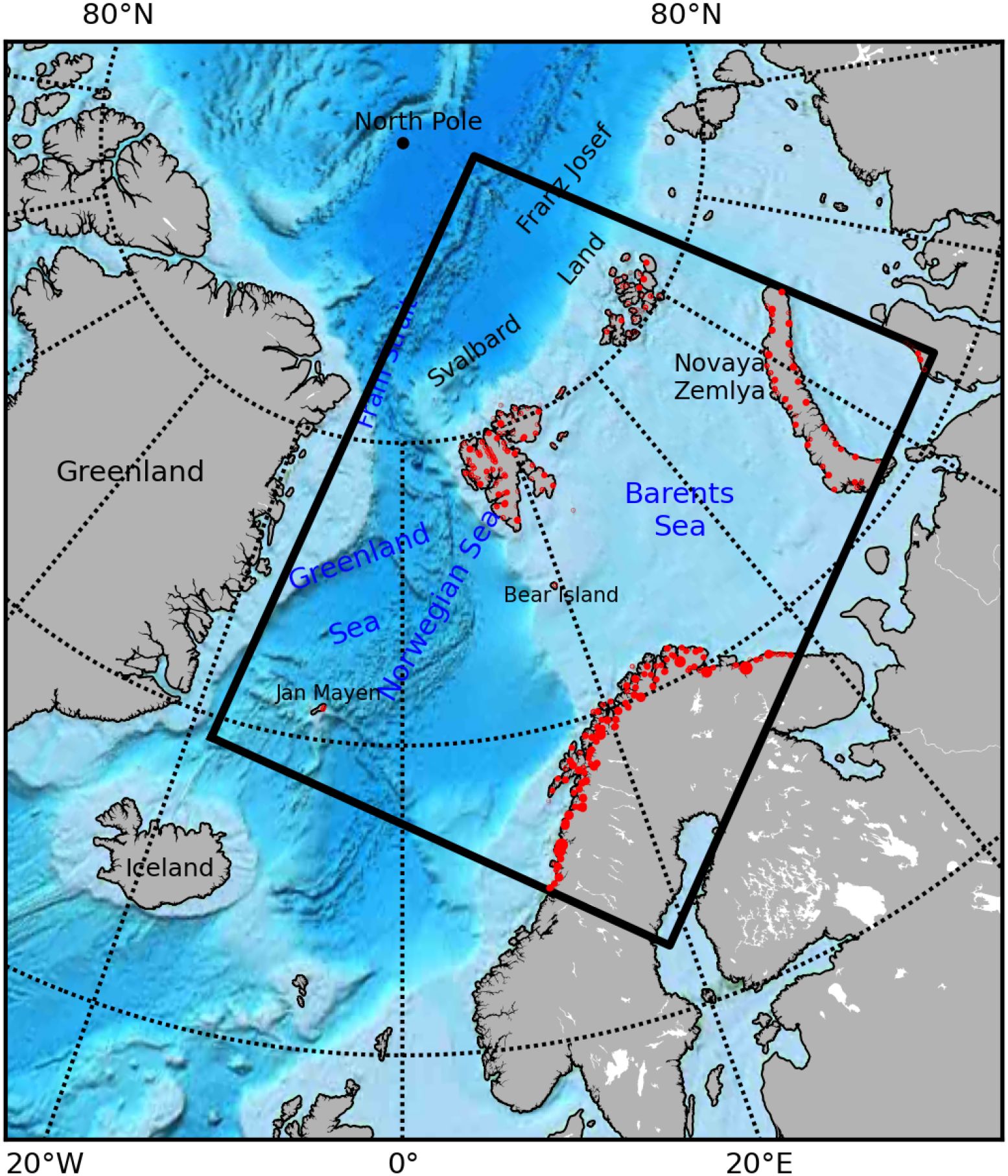 Map of the Greenland and Barents Seas, showing Iceland, Greenland, Svalbard, and Norway. Key areas like Franz Josef Land and Novaya Zemlya are marked. The Barents-2.5km model domain is marked by the thick rectangle. The dotted lines indicate longitude and latitude lines, and red dots show the river mouth locations with river influxes.