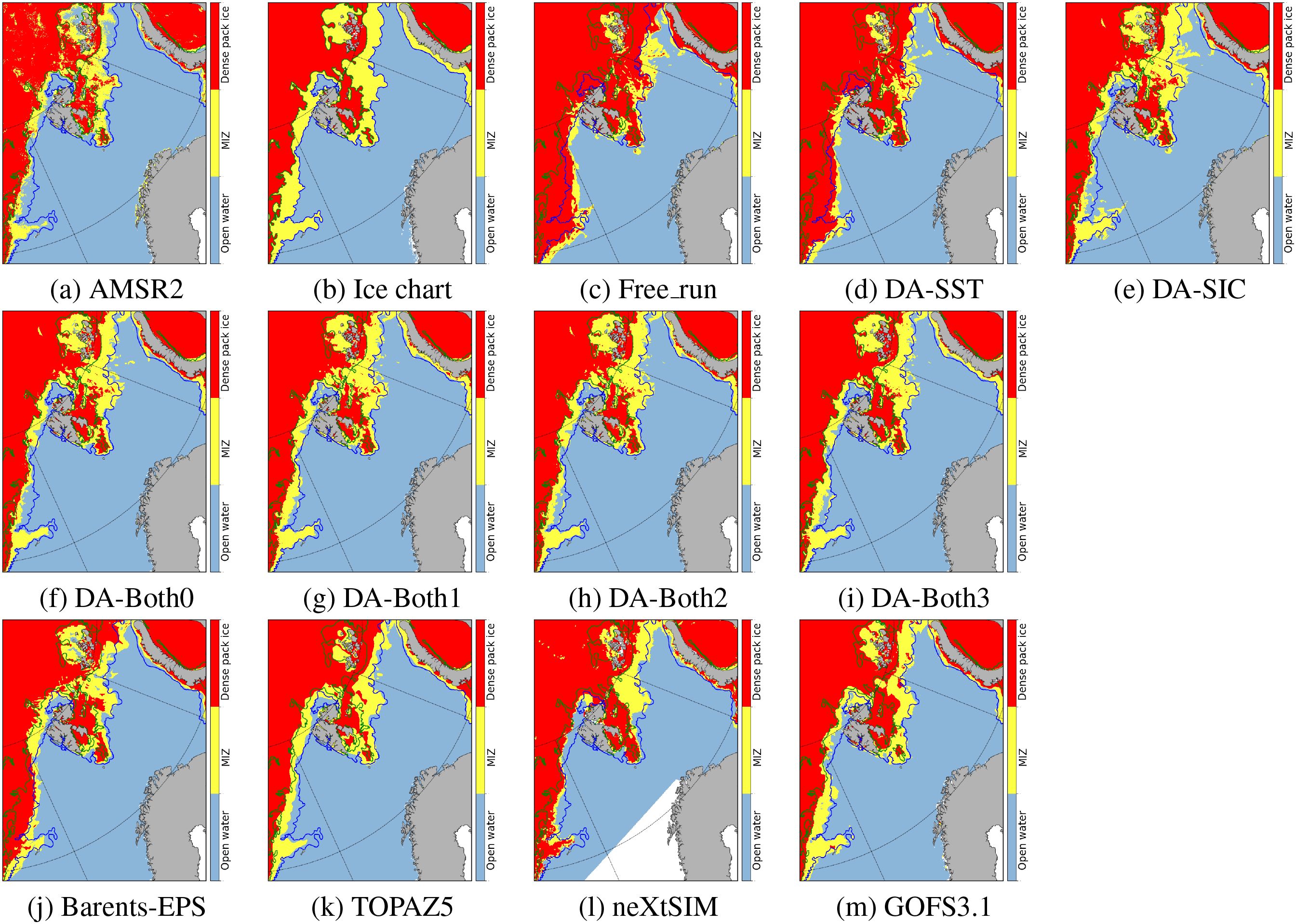 13 maps depict sea ice concentration in the Barents Sea region from different models and sources. Colors represent open water (blue), marginal ice zone (yellow), and dense pack ice (red). Panels include AMSR2, Icechart, Free_run, DA-SST, DA-SIC, DA-Both0, DA-Both1, DA-Both2, DA-Both3, Barents-EPS, TOPAZ5, neXtSIM, and GOFS3.1. Each map shows variations in ice coverage, highlighting different modeling approaches and observations. The blue lines show the SIE of the ice chart, and the green lines the demarcation between MIZ and dense pack ice of the ice chart.