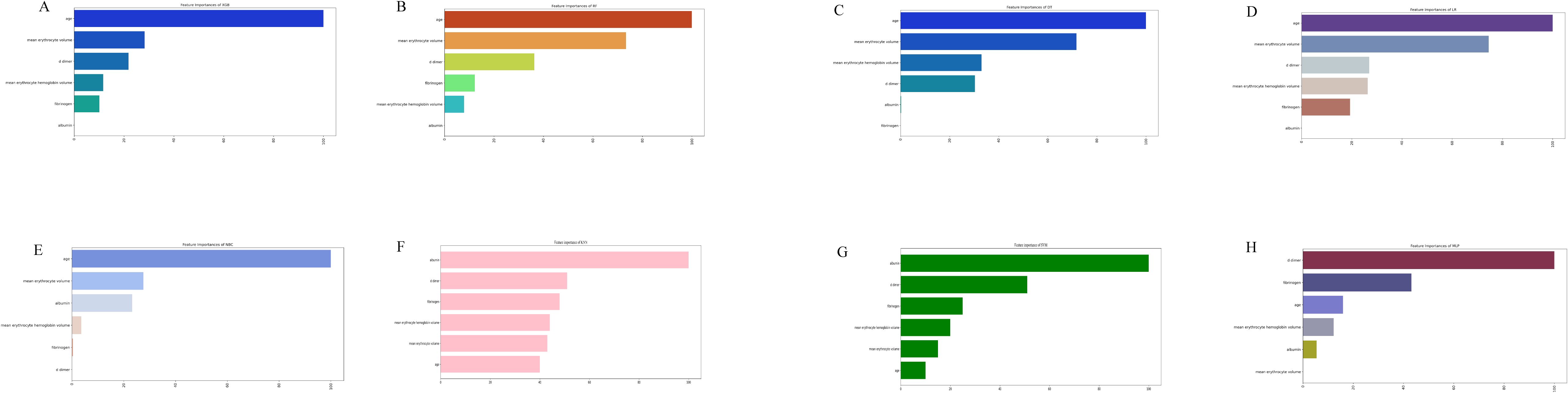 Eight bar charts showing feature importances for different machine learning models. Charts A and C highlight age as most important. Chart B emphasizes time. Chart D and E focus on age. Chart F highlights faiblesse. Chart G emphasizes dlatec. Chart H focuses on sferre. Each chart presents importance ranking for several features, with varying color schemes.
