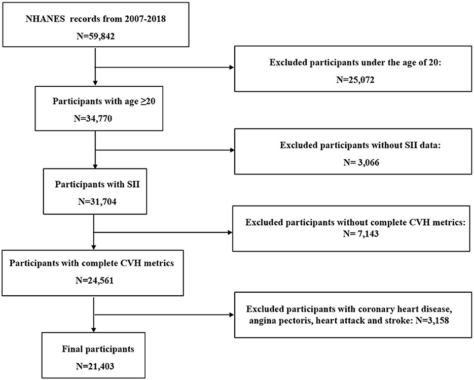 Flowchart illustrating participant selection from NHANES records (2007-2018) starting with 59,842 people. Participants under 20, without SII data, and incomplete CVH metrics were excluded, leaving 21,403 final participants with complete data, excluding those with coronary diseases, angina pectoris, heart attack, and stroke.