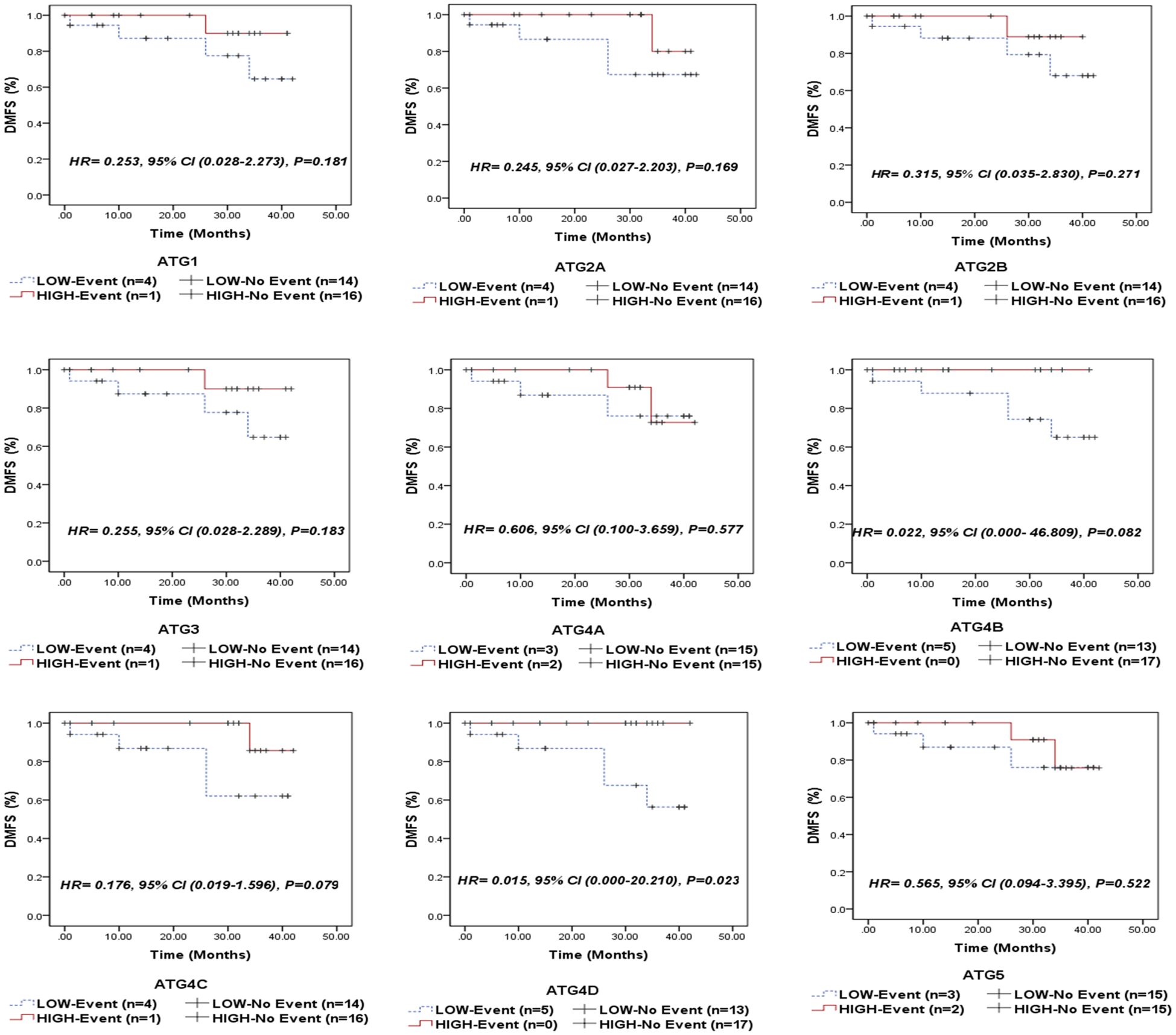 Nine Kaplan-Meier survival plots depict distant metastasis-free survival (DMFS) over time in months for genes ATG1, ATG2A, ATG2B, ATG3, ATG4A, ATG4B, ATG4C, ATG4D, and ATG5. Each plot compares low and high event groups with respective hazard ratios (HR) and confidence intervals (CI). Blue and red lines represent low- and high-event groups, respectively, with different markers indicating events or no events. Statistical significance varies across plots.