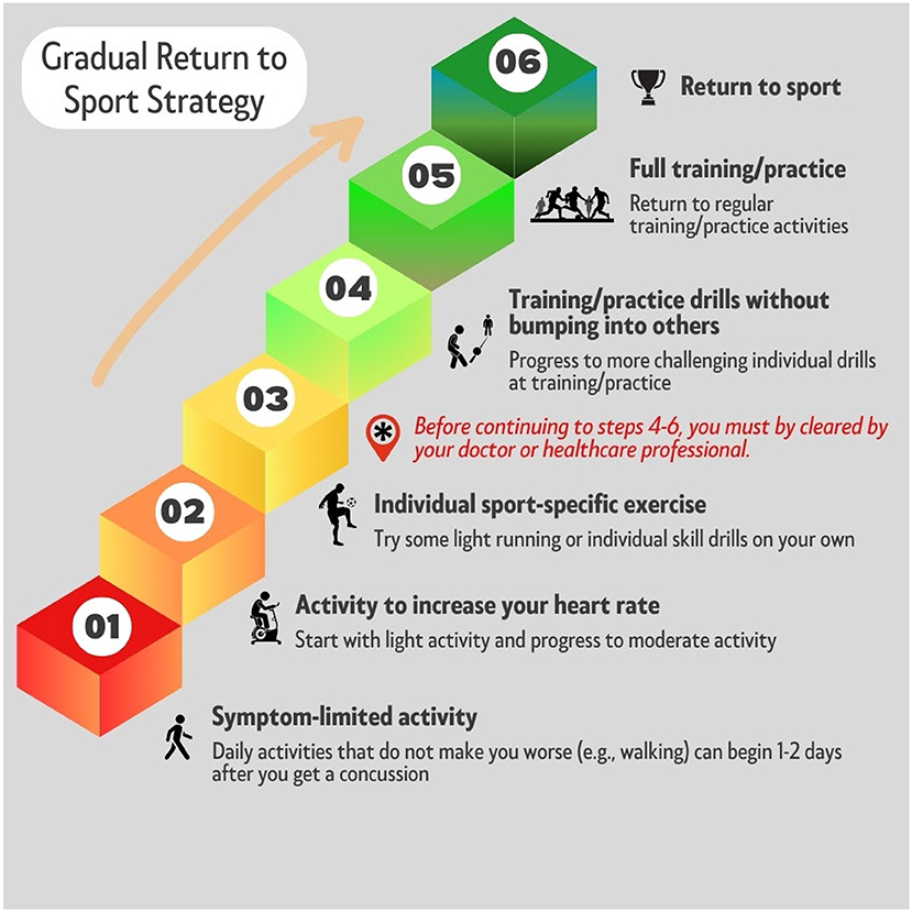 Infographic titled "Gradual Return to Sport Strategy" shows a six-step staircase. Step 1: Symptom-limited activity for concussion recovery. Step 2: Activity to increase heart rate with light to moderate exercise. Step 3: Individual sport-specific exercise, such as light running. Step 4: Training drills without contact. Steps 4-6 require medical clearance. Step 5: Full training and practice. Step 6: Return to sport. An orange arrow indicates progression up the steps.