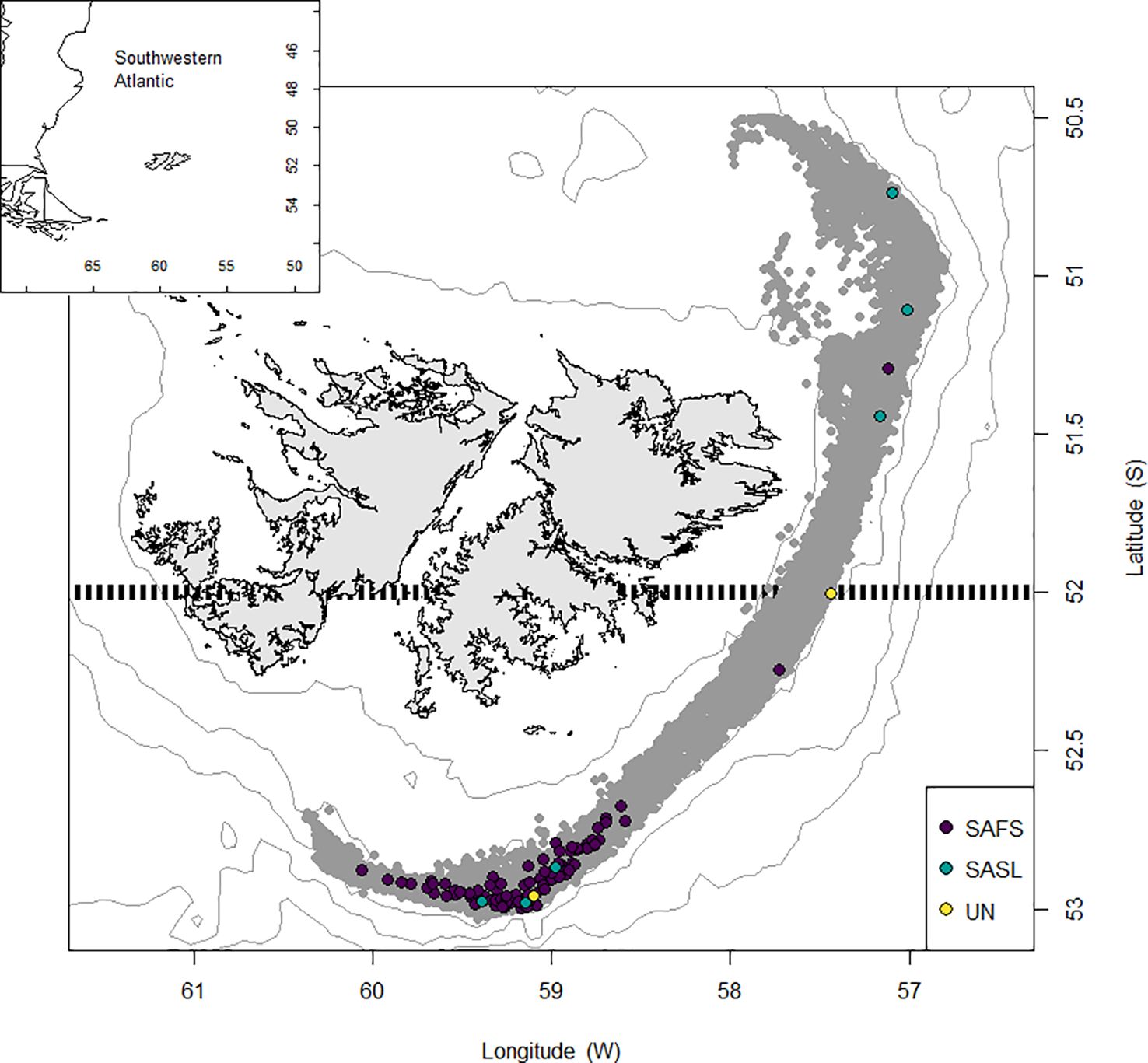 Map of the Southwestern Atlantic showing colored dots representing SAFS, SASL and UN seal mortalities. The dots are distributed along the Patagonian squid fishing area, highlighting the north and south sub-fishing zones. A small inset in the top left provides the geographic location of the Falkland Islands.
