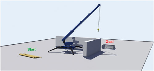 A 3D illustration depicts a crane with an extended arm lifting a panel over a wall. The word