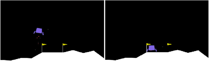 Split-screen illustration showing two scenes of a LunarLander module trying landing on a landpad. Left panel: Cart is climbing uphill. Right panel: Cart has descended and is near another flag.