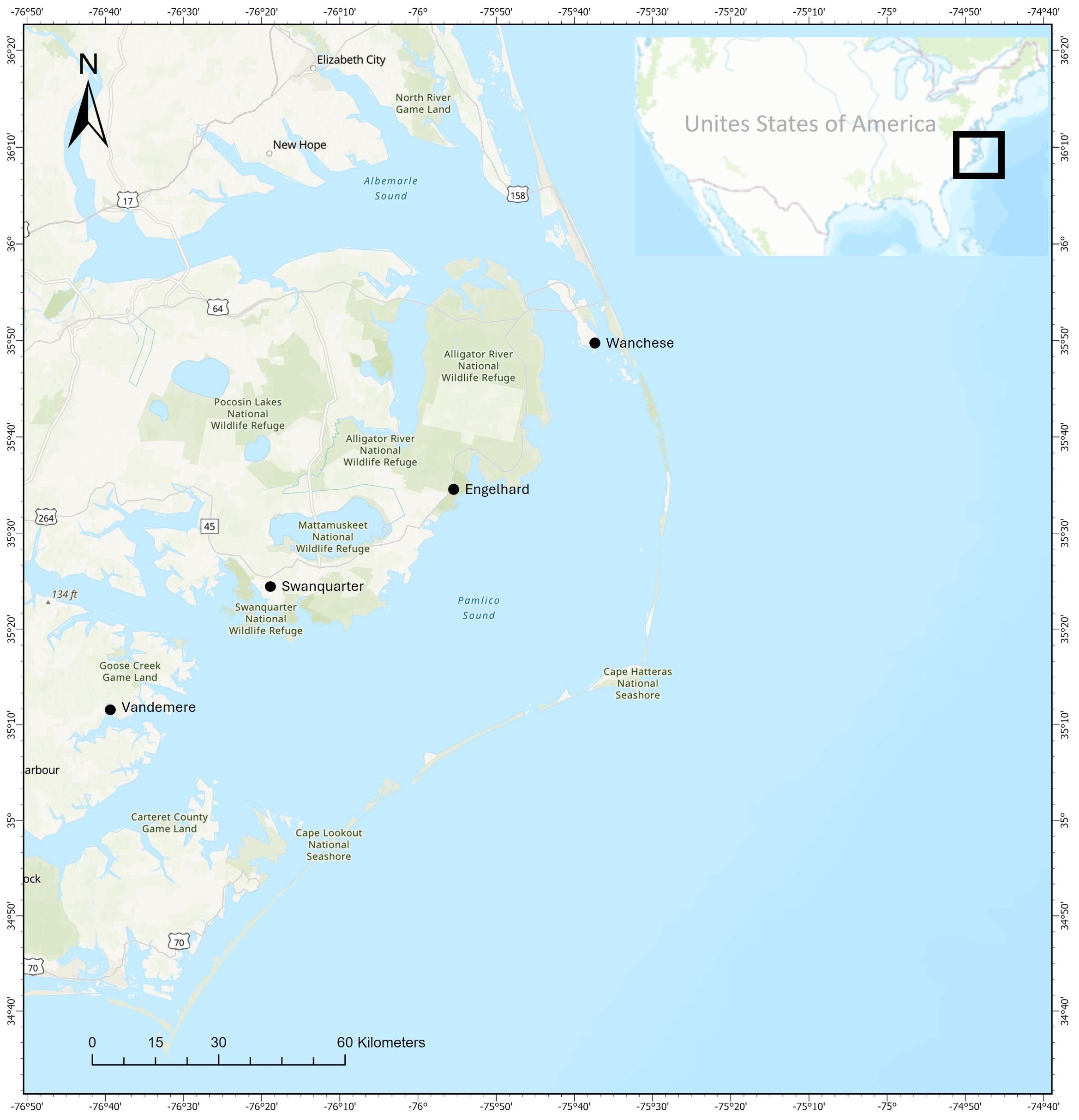 Map of coastal North Carolina highlighting areas around the Albemarle and Pamlico Sounds. Key locations marked include Wanchese, Engelhard, Swanquarter, and Vandemere. Nearby wildlife refuges and national seashores are noted, with a small inset map showing broader USA context.