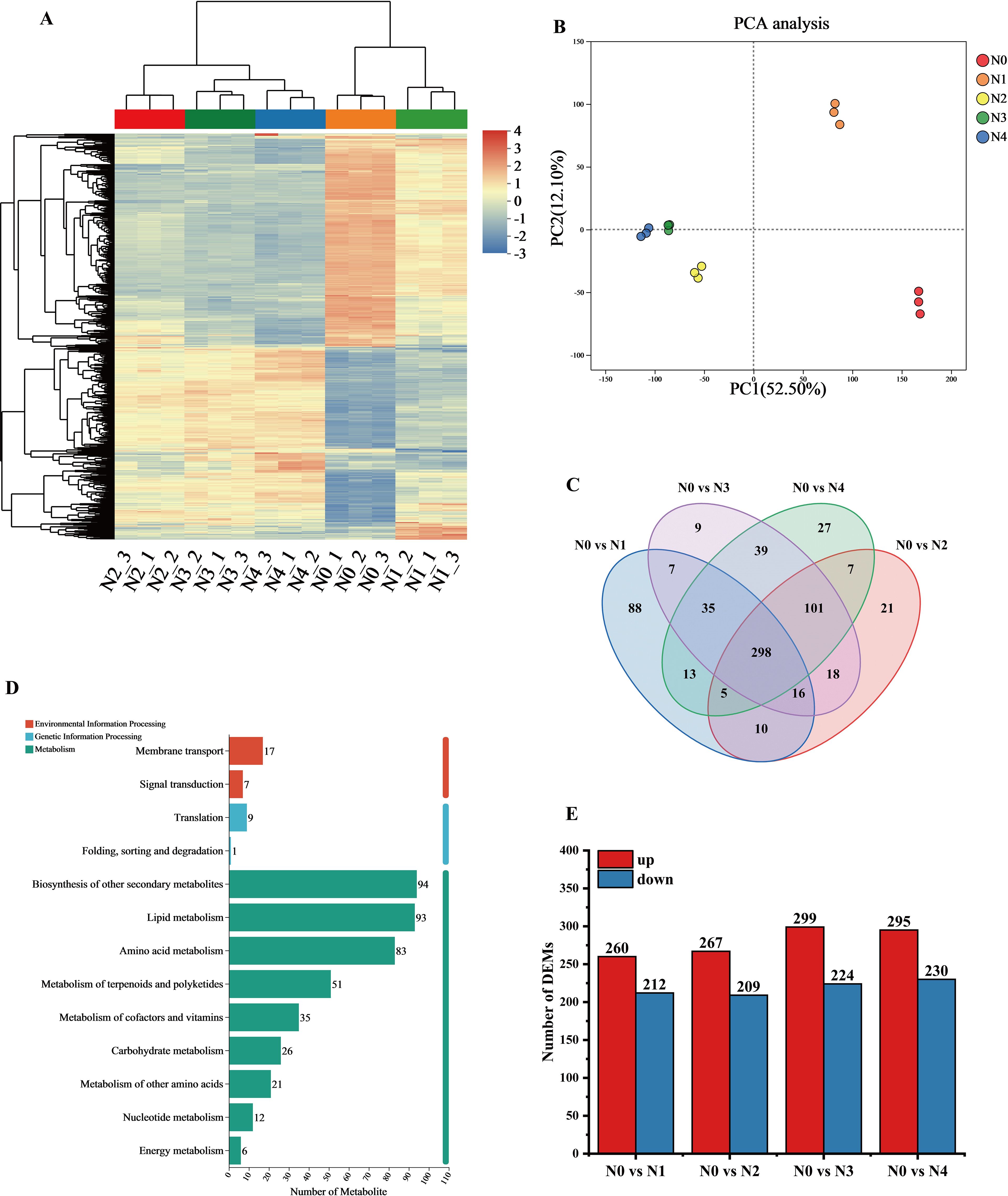 Panel A shows a clustered heatmap indicating expression patterns across samples N0 to N4. Panel B is a PCA plot displaying sample distribution with PC1 and PC2 variances. Panel C illustrates a Venn diagram comparing differentially expressed metabolites across conditions. Panel D presents a bar chart categorizing metabolites by function, with three color-coded sections. Panel E shows a bar chart comparing the number of upregulated and downregulated differentially expressed metabolites across four comparisons.