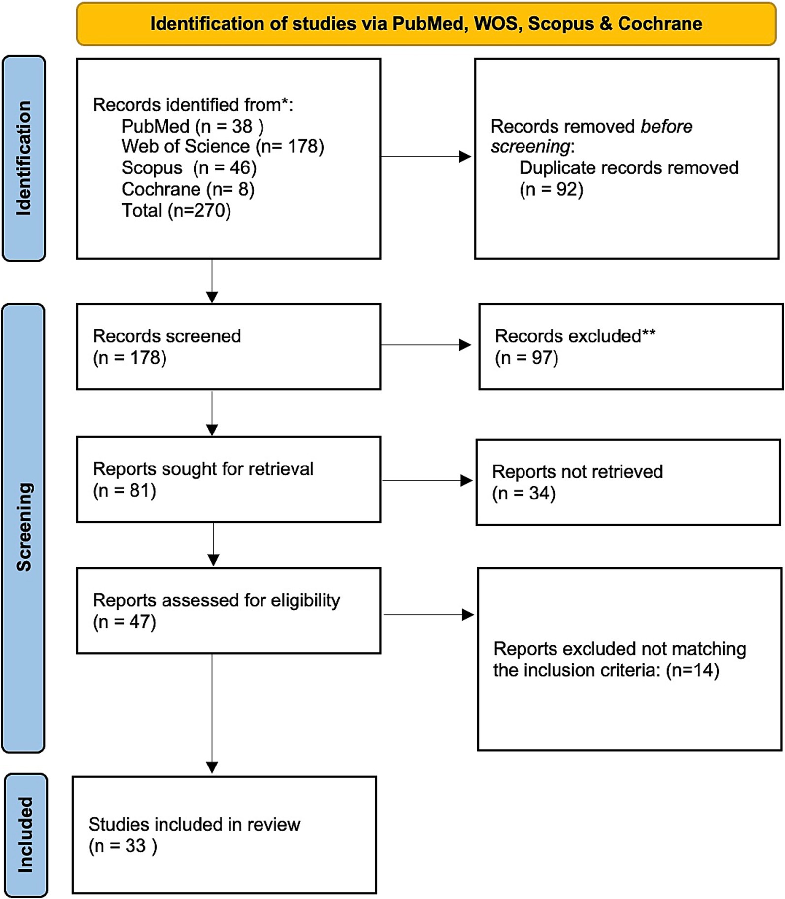 Flowchart illustrating the identification of studies via PubMed, Web of Science, Scopus, and Cochrane. Begins with 270 records identified, with 92 duplicates removed, leaving 178 records screened. After exclusion of 97 records, 81 reports are sought for retrieval. Subsequently, 34 reports are not retrieved, and 47 reports are assessed for eligibility. Fourteen reports are excluded for not meeting inclusion criteria, resulting in 33 studies included in the review.