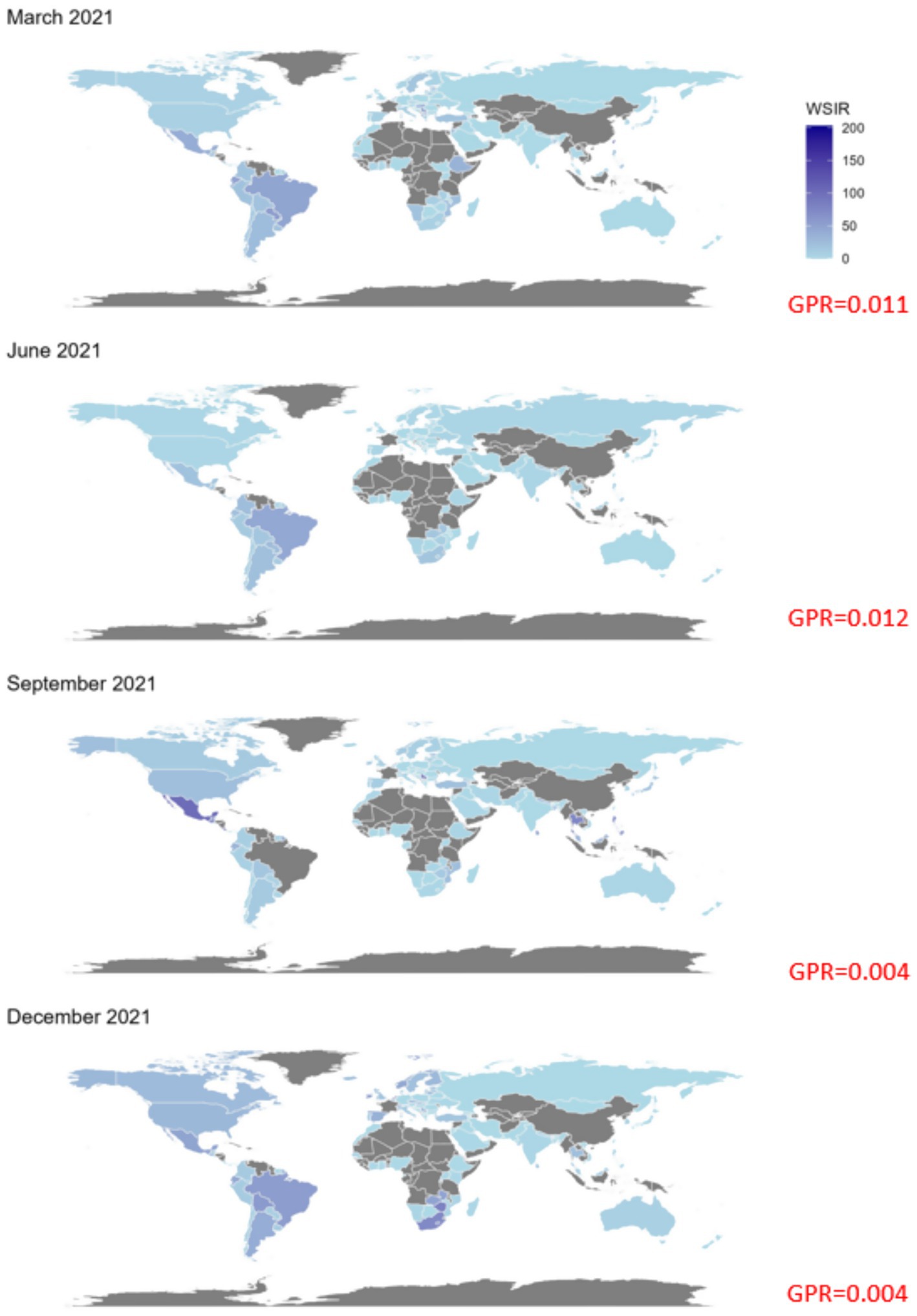 Four world maps show changes from March to December 2021. Areas are shaded in varying blues, indicating the WSIR index from zero to two hundred. Darker blue suggests a higher index. Text indicates GPR values: March 0.011, June 0.012, September 0.004, December 0.004.