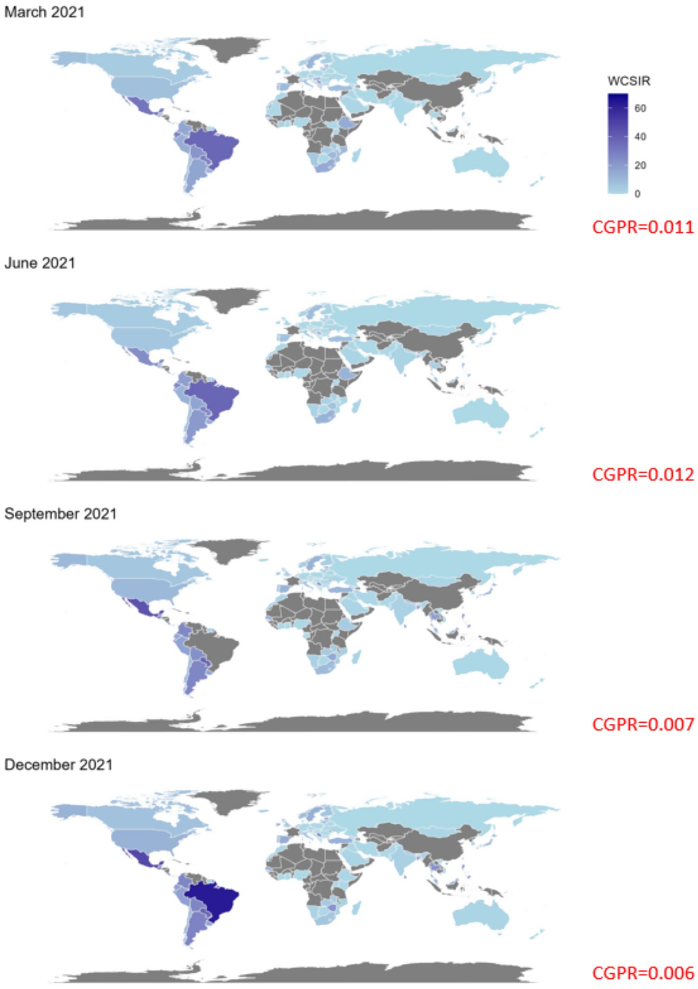 Four world maps depict COVID-19 spread in 2021, with varying shades of blue indicating WCSIR levels. March shows moderate spread in South America and parts of Africa. June has a slight increase, with darker shades in similar regions. September shows a decrease in spread, indicated by lighter shades. December reveals heightened intensity in South America, notably Brazil and Mexico. The CGPR values are 0.011 for March, 0.012 for June, 0.007 for September, and 0.006 for December. The color scale ranges from 0 to 60.