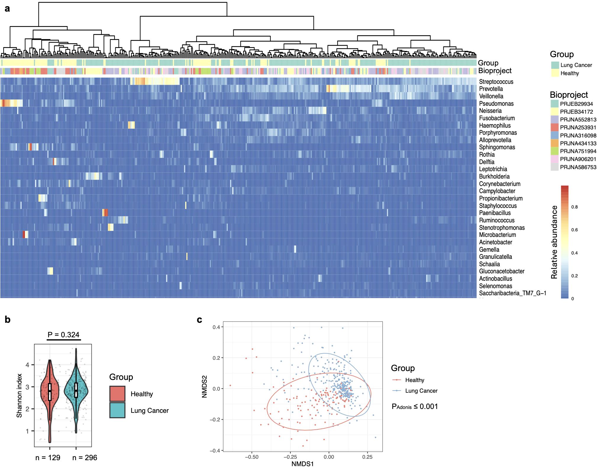 Panel a shows a heatmap depicting the relative abundance of various bacterial genera across samples, with a dendrogram and colored bars indicating group and bioproject categories. Panel b presents a violin plot of the Shannon index comparing microbial diversity between healthy and lung cancer groups, with overlapping distributions and a P-value of 0.324. Panel c features a non-metric multidimensional scaling (NMDS) plot illustrating the separation between healthy and lung cancer samples, with a P-value less than or equal to 0.001, indicating significant differences.