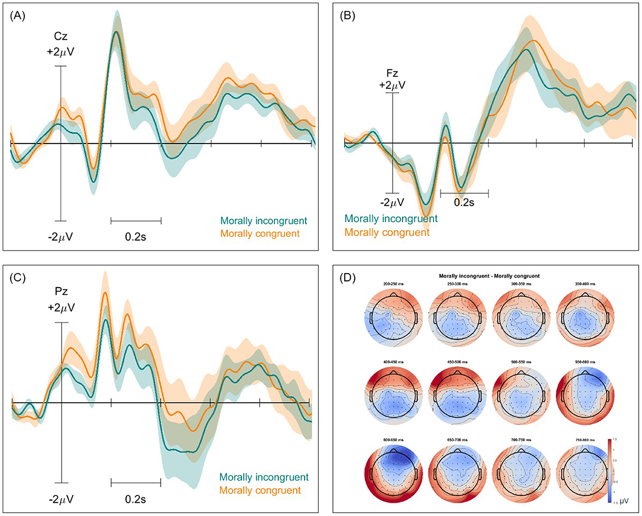 Graphs and scalp maps illustrate electrophysiological responses to morally congruent and incongruent stimuli. Panels A, B, and C show line graphs with shaded areas for channels Cz, Fz, and Pz, respectively, comparing morally incongruent (green) and congruent (orange) responses over time in microvolts. Panel D displays topographical scalp maps highlighting difference waves between morally incongruent and congruent conditions across various time intervals, with a color scale indicating microvolt changes.