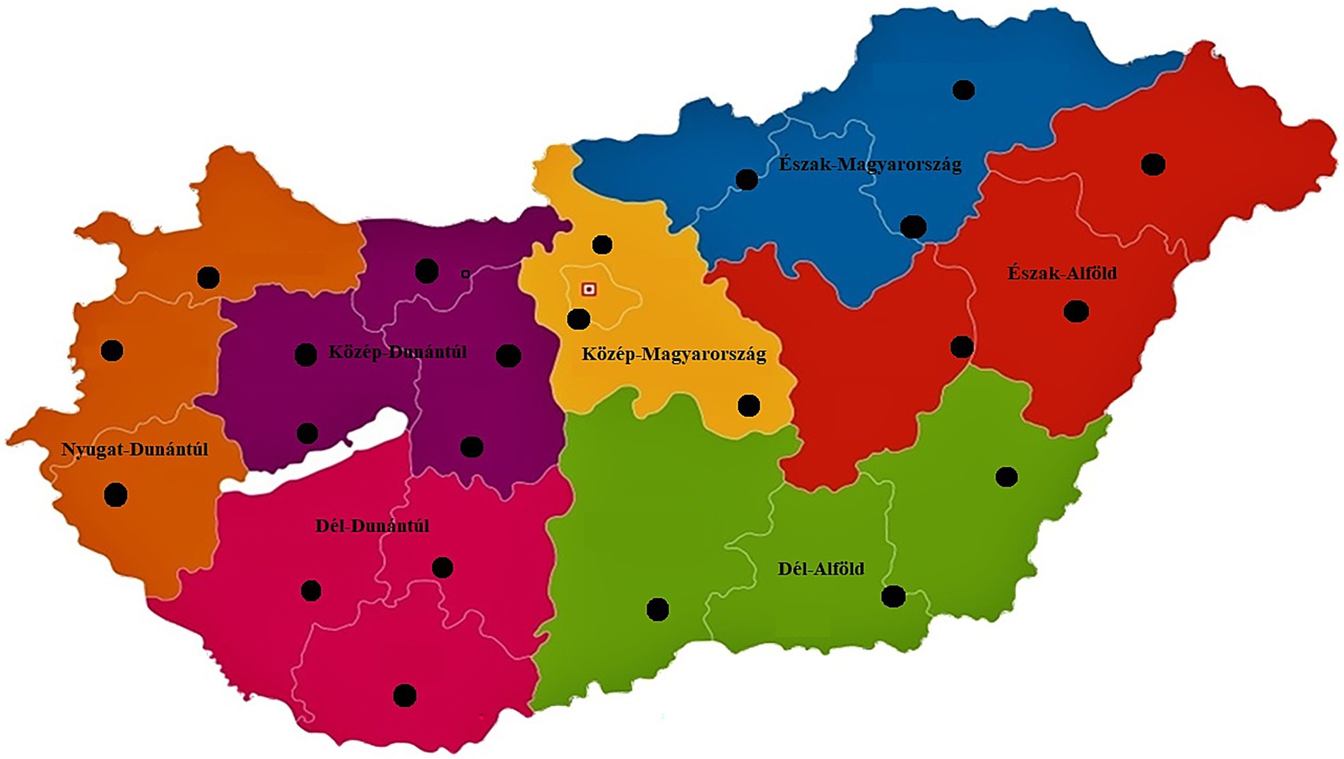 Map of Hungary showing its regions in different colors. Regions include Nyugat-Dunántúl, Dél-Dunántúl, Közép-Dunántúl, Közép-Magyarország, Észak-Magyarország, Észak-Alföld, and Dél-Alföld. Black dots indicate major cities.
