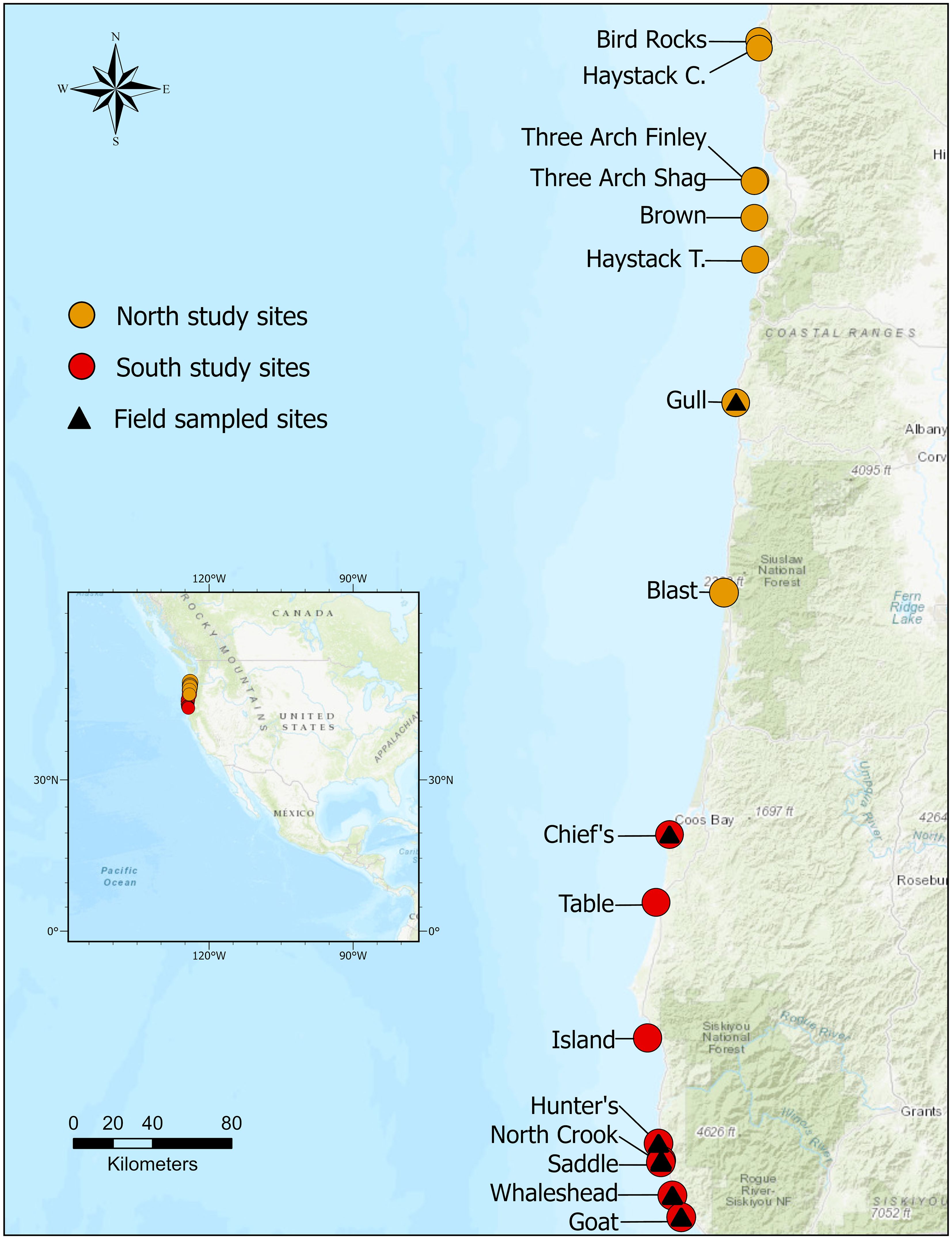 Map of the Pacific Northwest coast showing study sites. Yellow circles indicate north study sites, red circles indicate south study sites, and black triangles represent field-sampled sites. Sites are labeled from north to south: Bird Rocks, Haystack C., Three Arch Finley, Three Arch Shag, Brown, Haystack T., Gull, Blast, Chief's, Table, Island, Hunter's, North Crook, Saddle, Whaleshead, and Goat. A compass rose and an inset map of North America are included. Scale bar is present in kilometers.