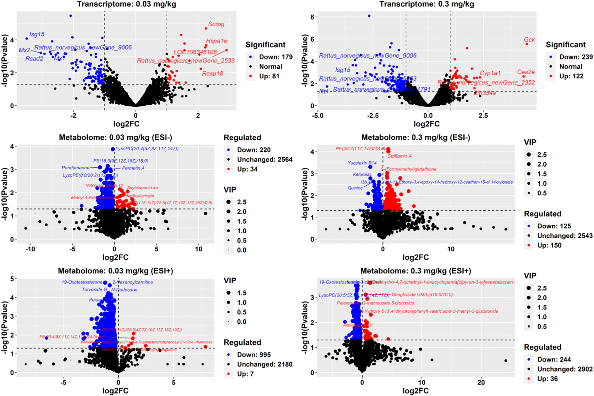 Six scatter plots compare transcriptome and metabolome data at different concentrations (0.03 and 0.3 mg/kg). Data points are color-coded by regulation: blue for downregulated, red for upregulated, and black for unchanged. The y-axis shows the negative logarithm of the P-value, while the x-axis shows the log fold change. Significant genes and metabolites are labeled. Each plot includes a legend for significance, and plots are separated by type and concentration. VIP size varies for metabolome data.