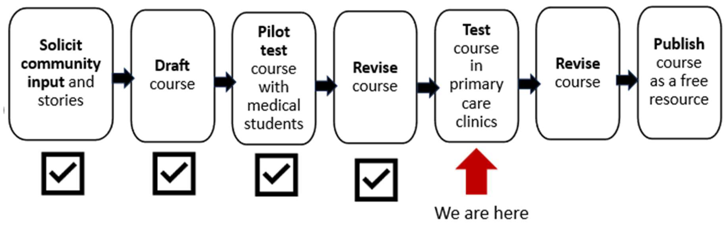 Flowchart illustrating the development process of the e-course. Steps: Solicit community input, Draft course, Pilot test with medical students, Revise course, Test in primary care clinics, Revise course, Publish as a free resource. Each completes step has a checkmark. The red arrow indicates the current status.