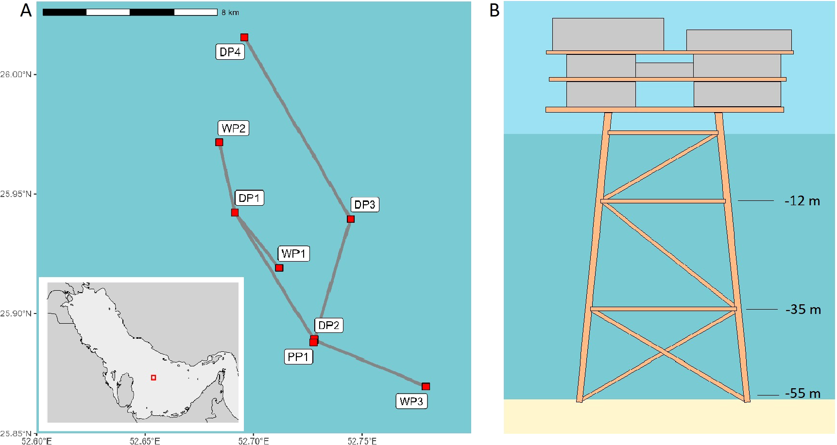 Panel A shows a map with a network of points labeled DP1, DP2, DP3, DP4, WP1, WP2, WP3, and PP1 connected by lines in a marine area; a scale bar indicates 8 kilometers. An insert map shows the Gulf region with a red square marking the location. Panel B illustrates a offshore platform structure with support beams in water. The structure extends from a depth of sixty meters to above sea level.