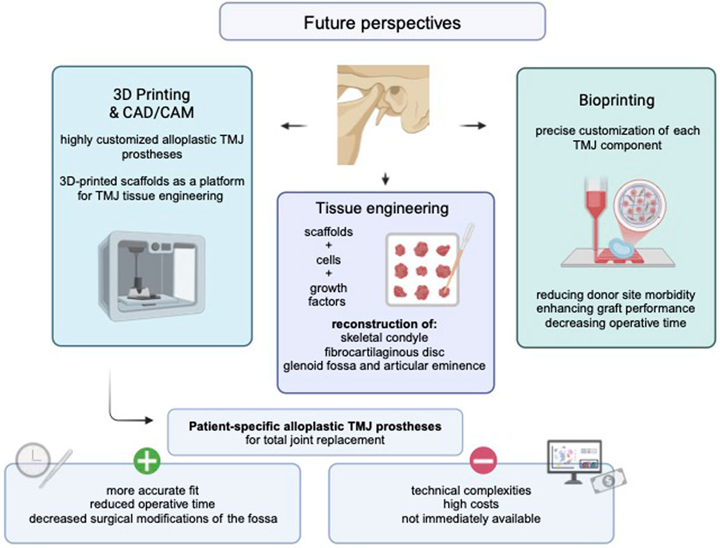 Future perspectives for TMJ prostheses include 3D printing, CAD/CAM for customized scaffolds, and bioprinting for precise component customization. Tissue engineering combines scaffolds, cells, and growth factors for reconstruction. Benefits include accuracy and reduced operative time, while challenges involve technical complexity and costs.